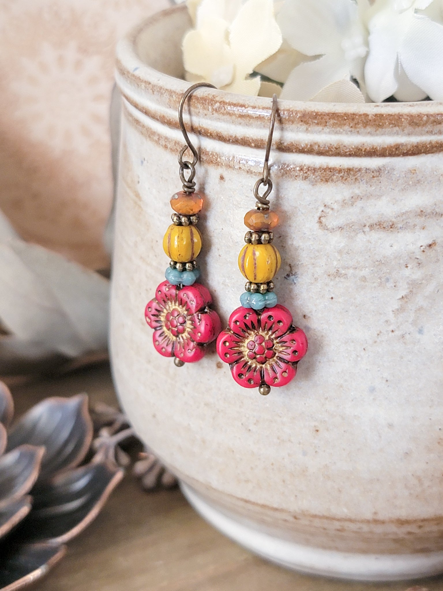Red Rustic Czech Glass Flower Earrings, Nicki Lynn Jewelry 