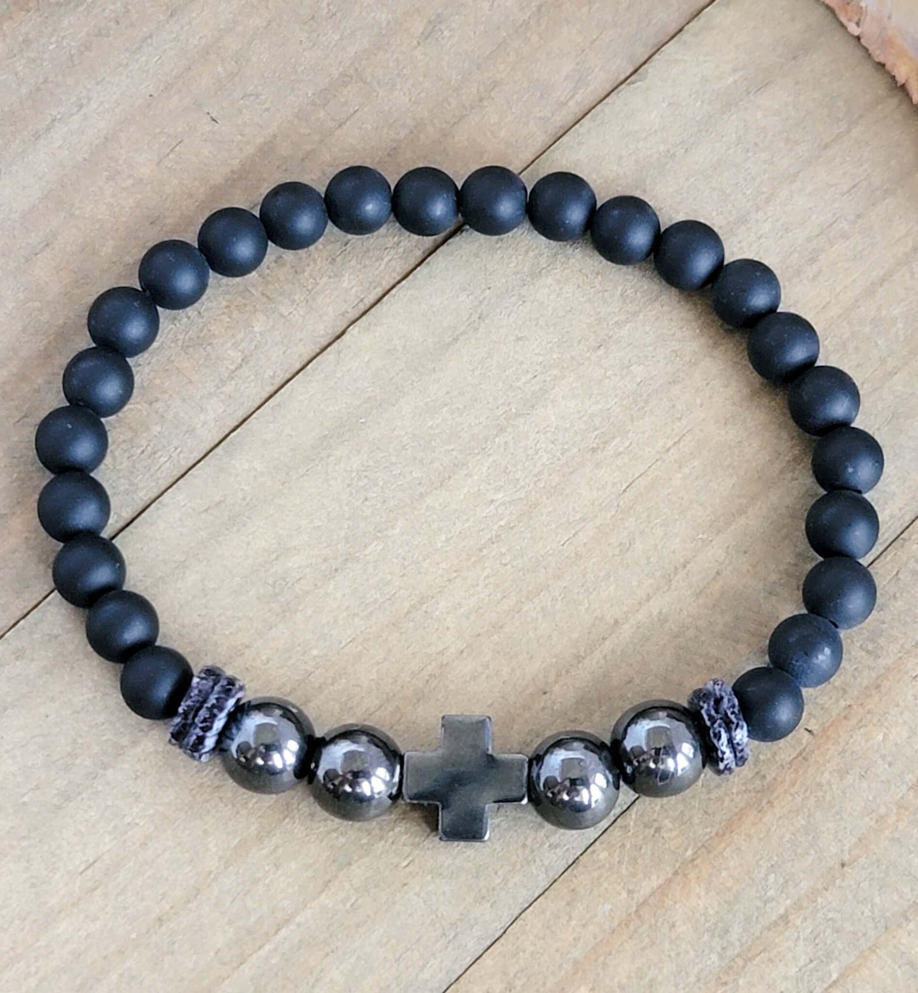 Men's Hematite Cross Bracelet with Matte Agate, Nicki Lynn Jewelry 