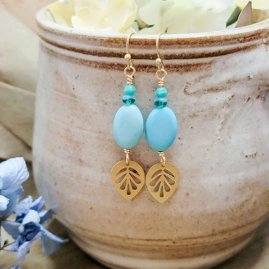 Turquoise and Brass Leaf Dangle Earrings, Nicki Lynn Jewelry 