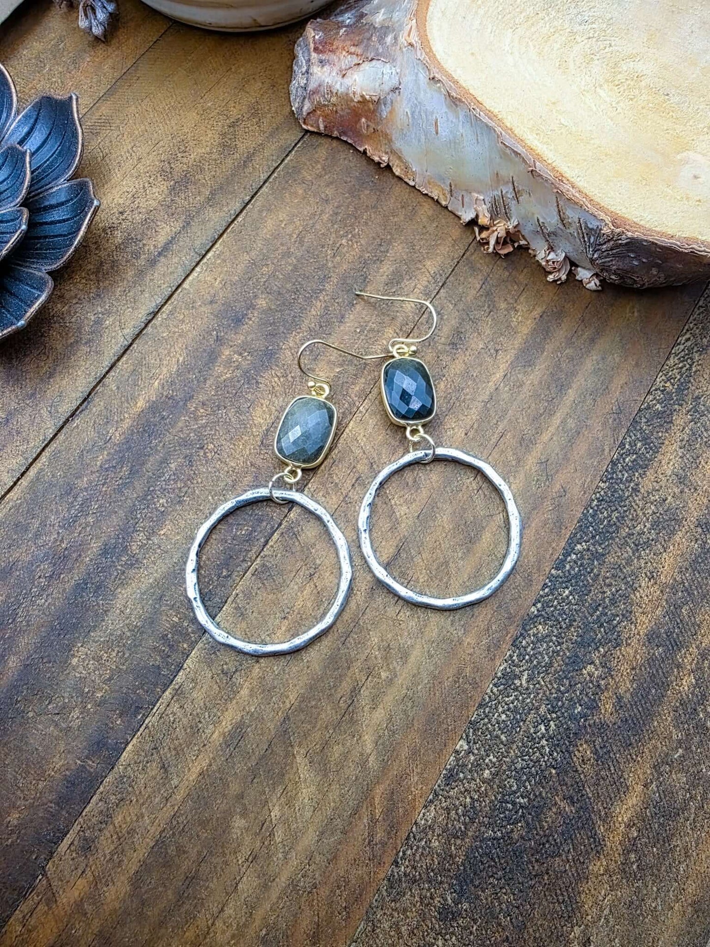 Labradorite and Silver Pewter Hoop Earrings-Nicki Lynn Jewelry 
