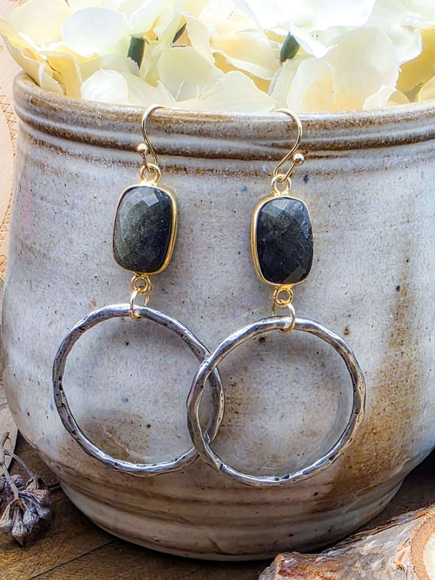 Labradorite and Silver Pewter Hoop Earrings-Nicki Lynn Jewelry 