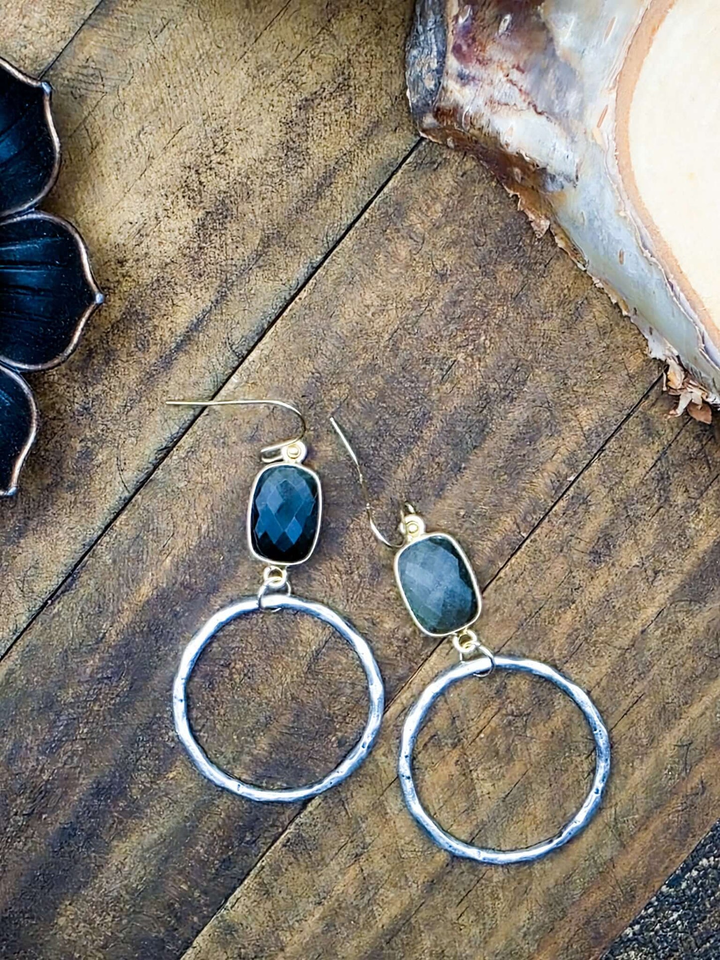 Labradorite and Silver Pewter Hoop Earrings-Nicki Lynn Jewelry 
