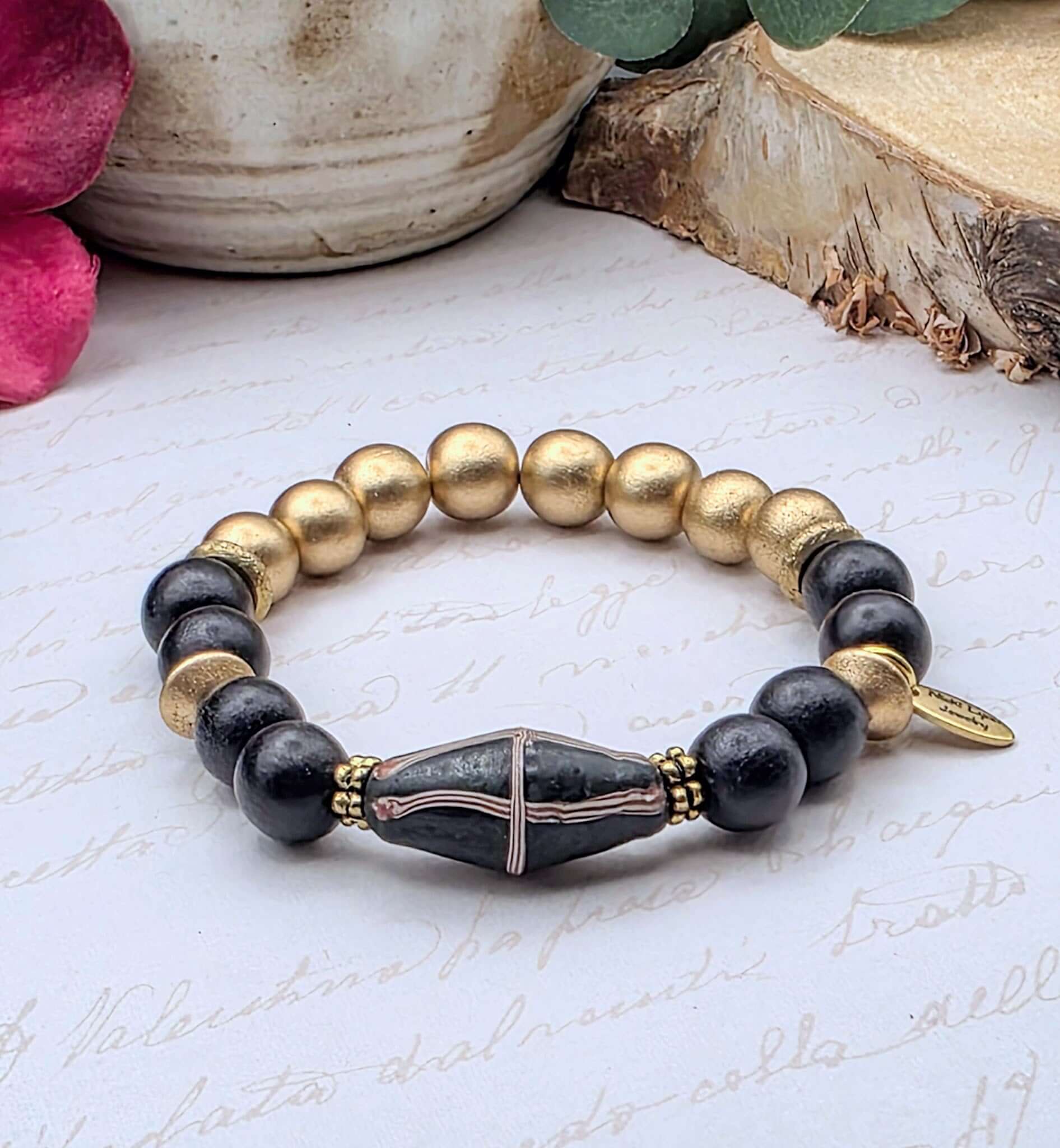 Chunky Black and Gold Wood Beaded Bracelet- Nicki Lynn Jewelry 
