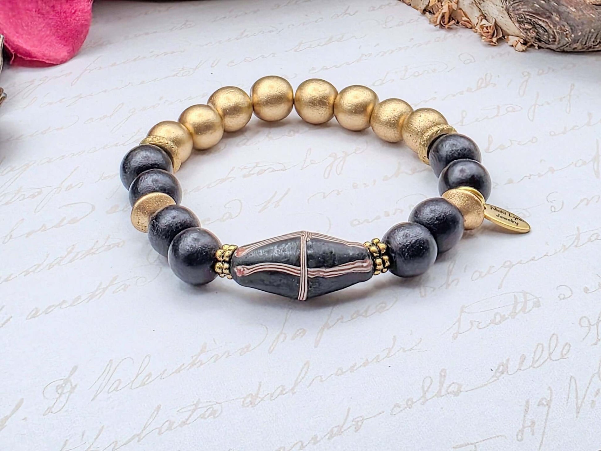 Chunky Black and Gold Wood Beaded Bracelet- Nicki Lynn Jewelry 