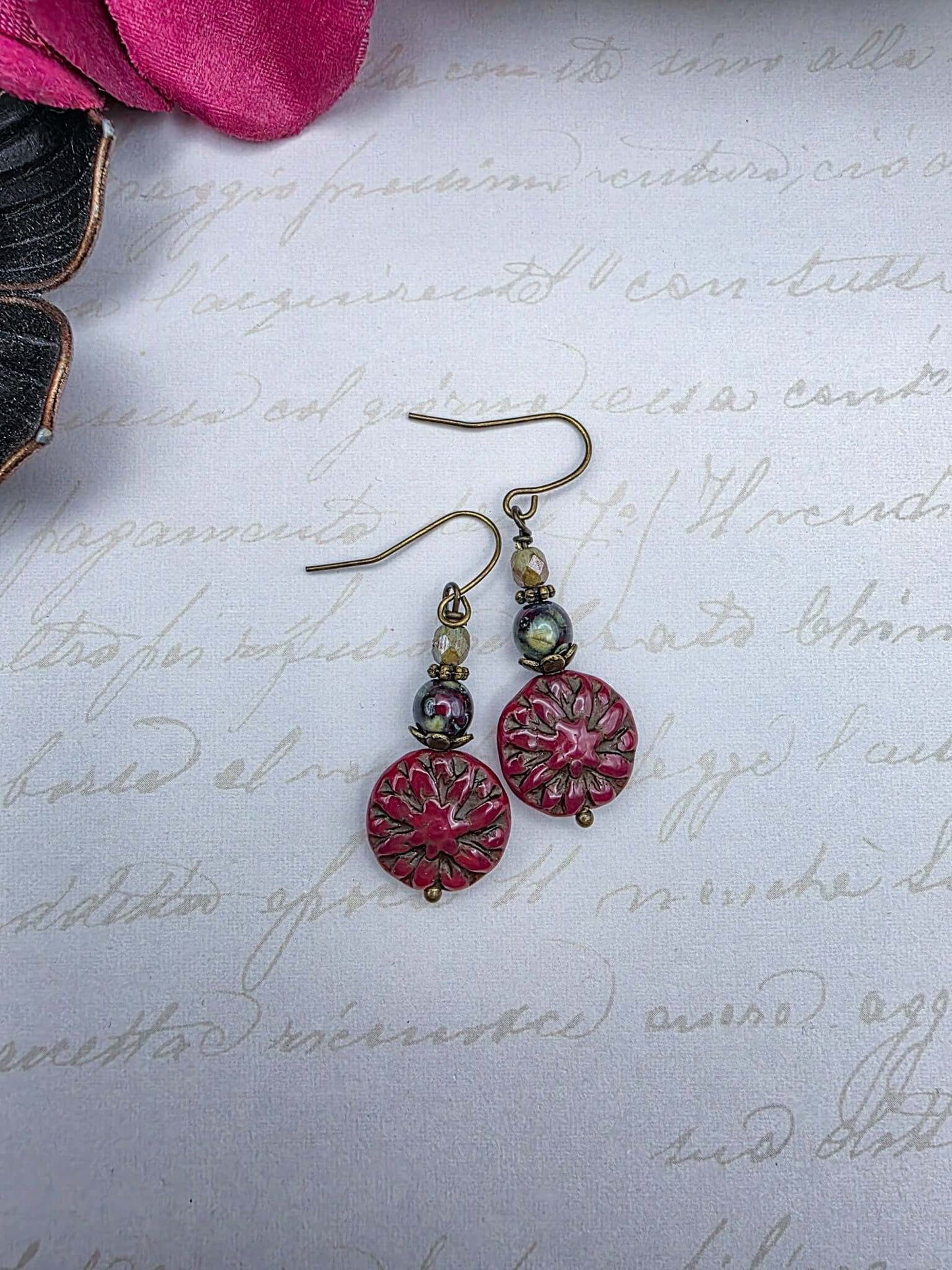 Dark Red Czech Dahlia Flower Earrings