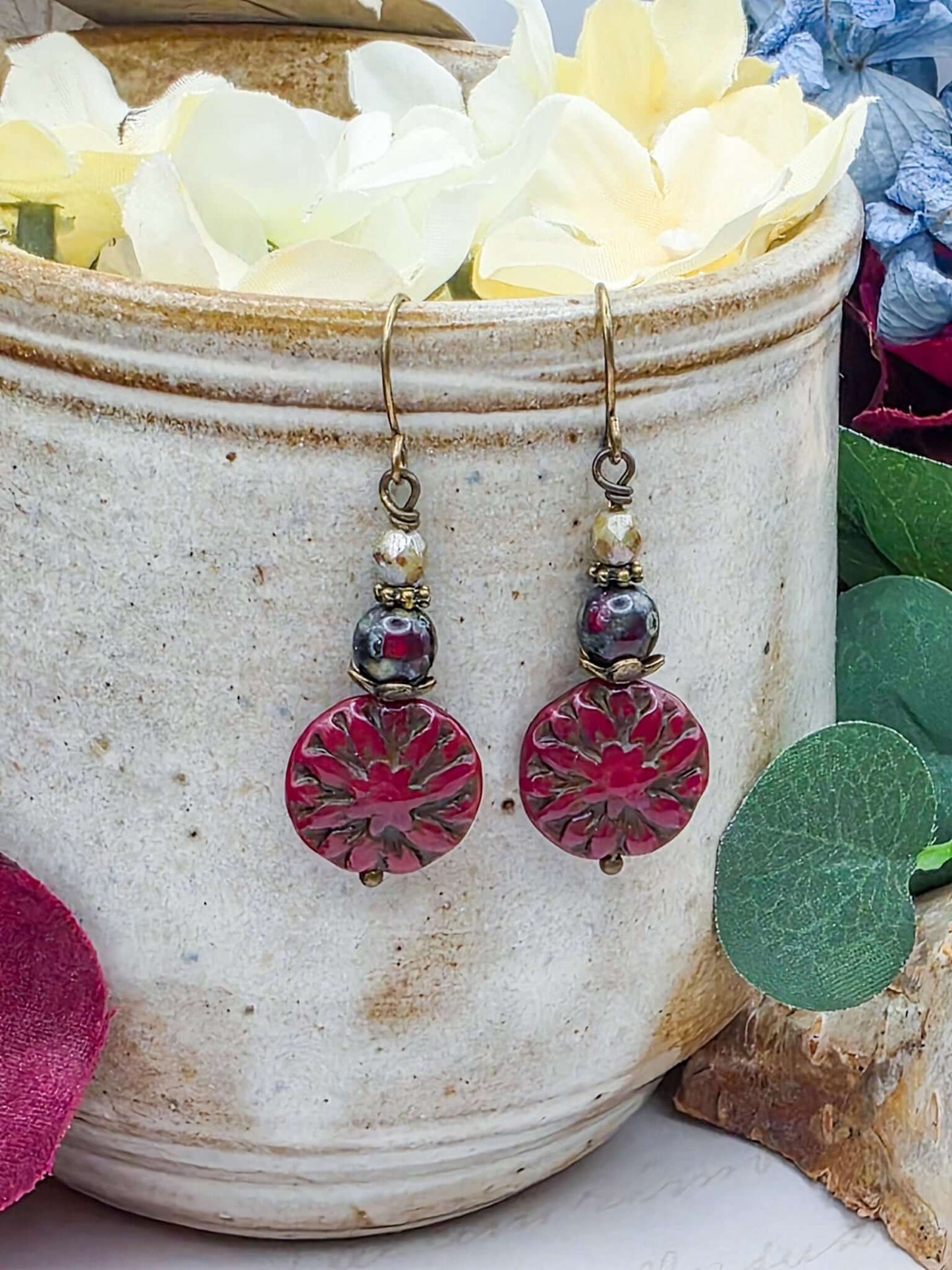 Dark Red Czech Dahlia Flower Earrings-Nicki Lynn Jewelry 