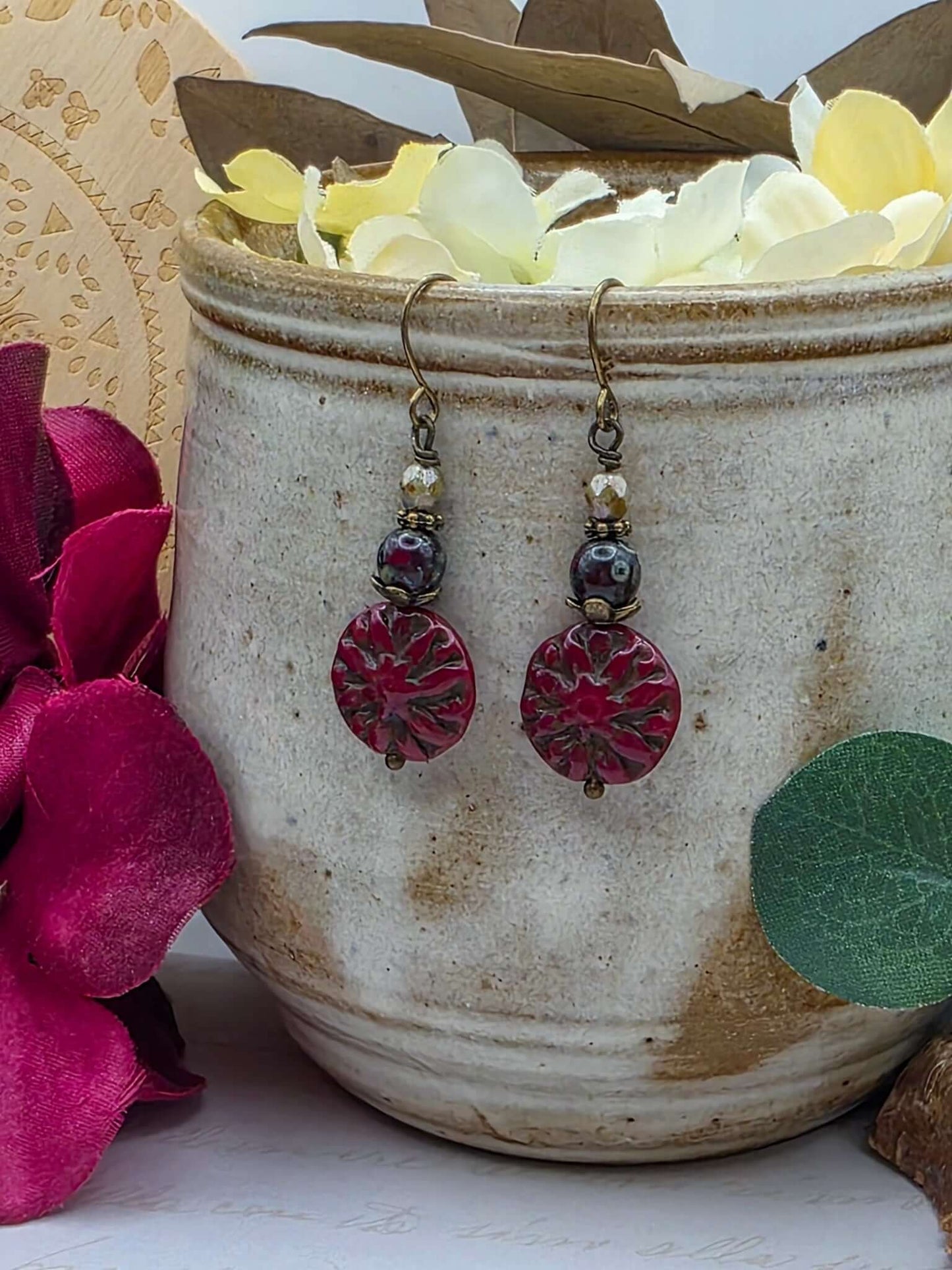 Dark Red Czech Dahlia Flower Earrings-Nicki Lynn Jewelry 