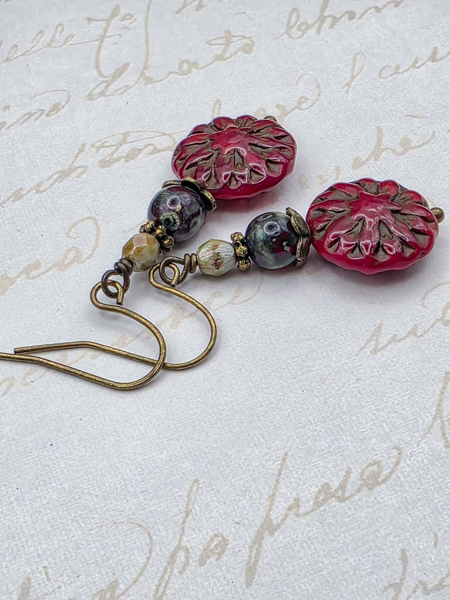 Dark Red Czech Dahlia Flower Earrings-Nicki Lynn Jewelry 