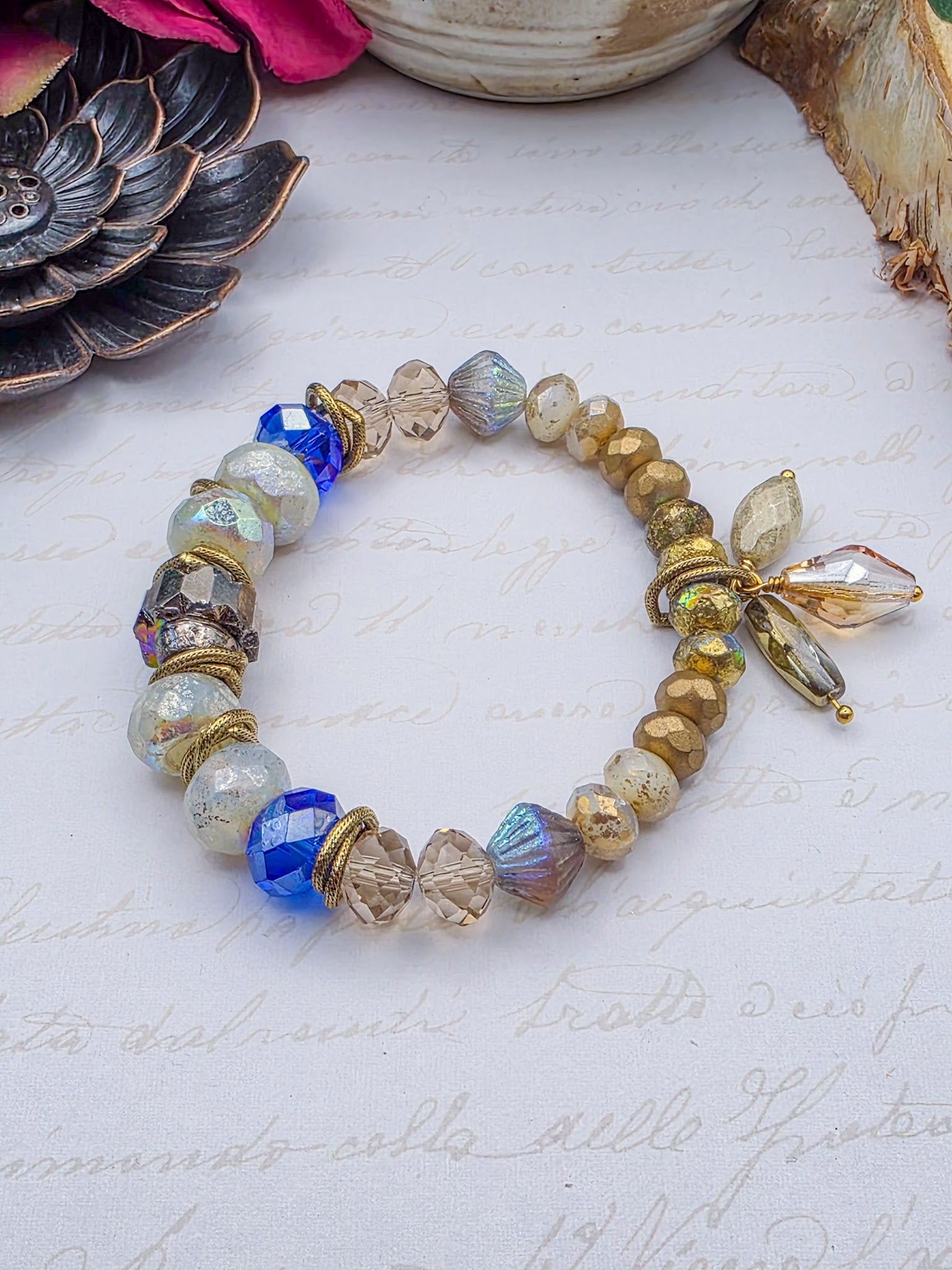 Blue Czech Glass and Gold Bracelet- Nicki Lynn Jewelry 
