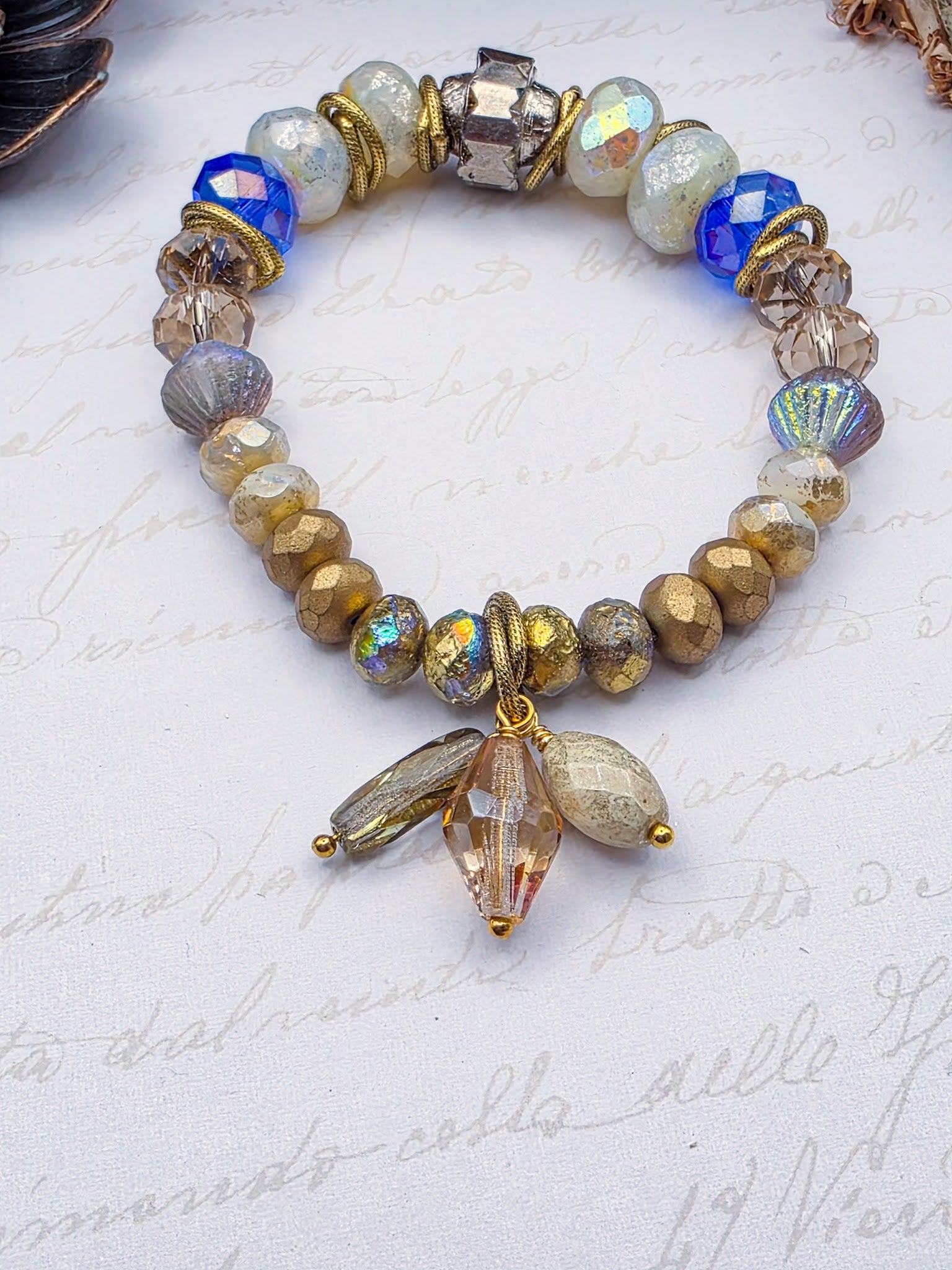 Blue Czech Glass and Gold Bracelet- Nicki Lynn Jewelry 