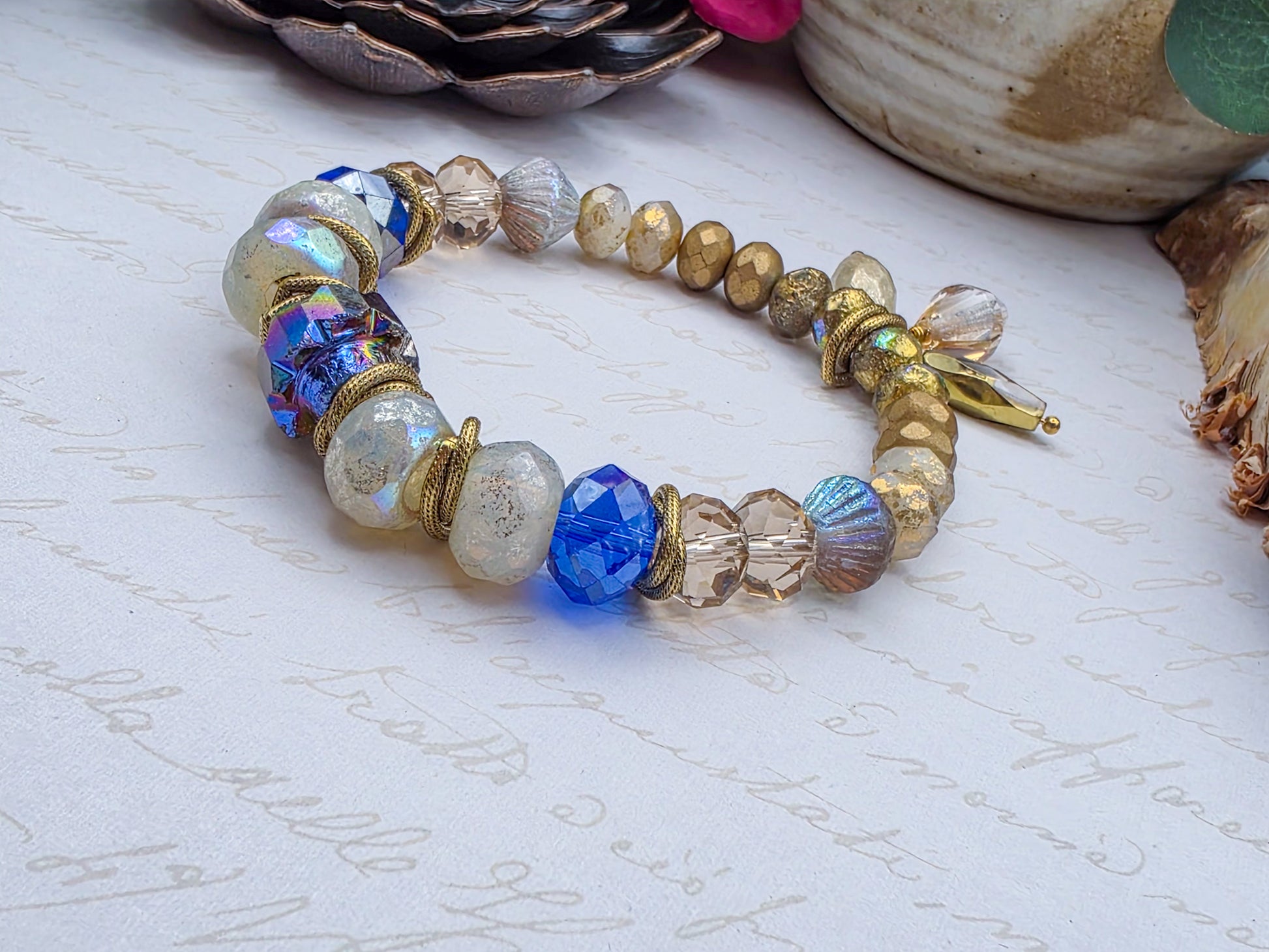 Blue Czech Glass and Gold Bracelet- Nicki Lynn Jewelry 