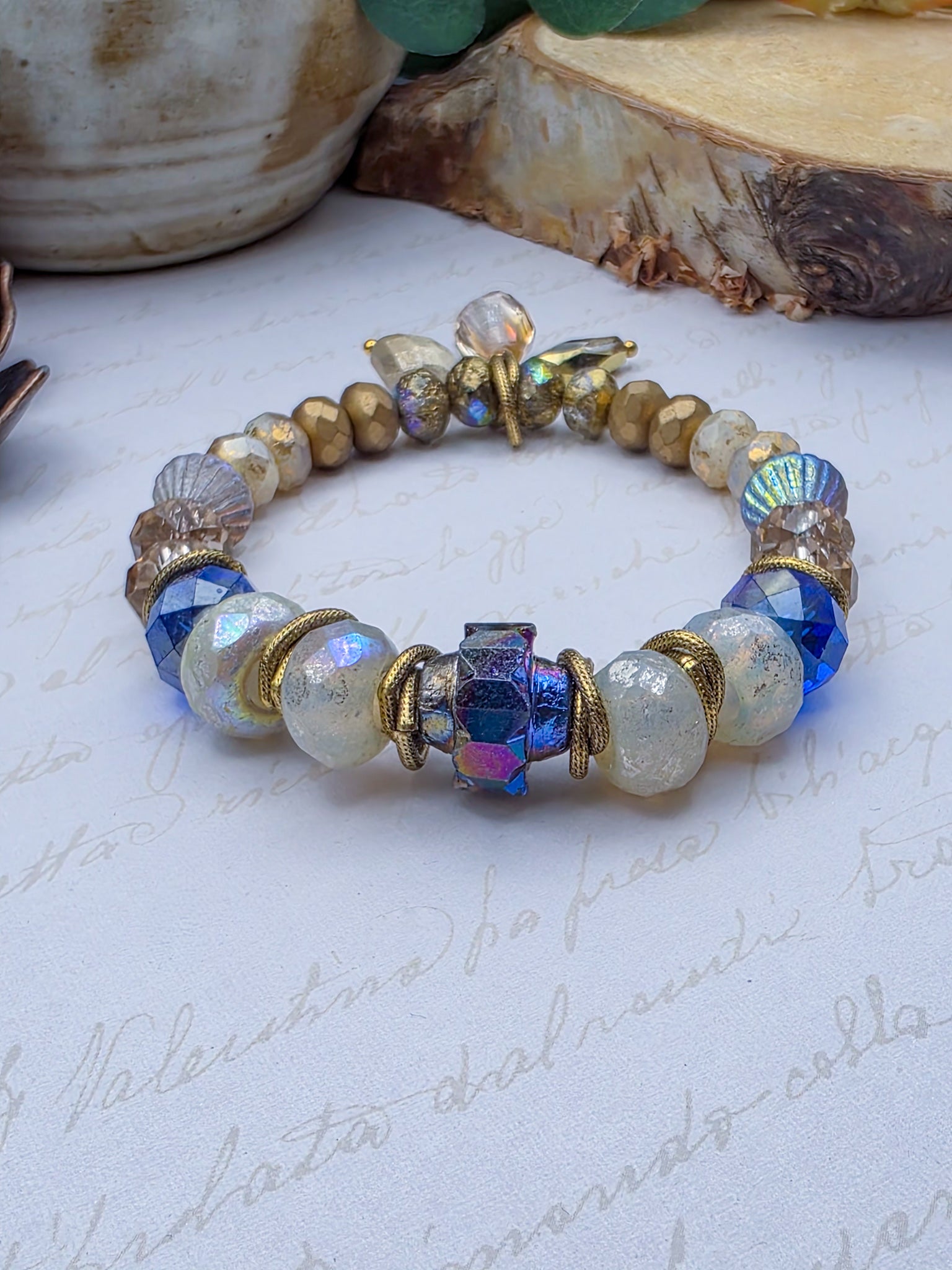 Blue Czech Glass and Gold Bracelet- Nicki Lynn Jewelry 