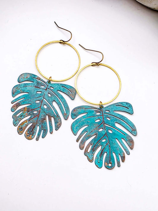 Large Verdigris Patina Monstera Leaf Statement Earrings- Nicki Lynn Jewelry 