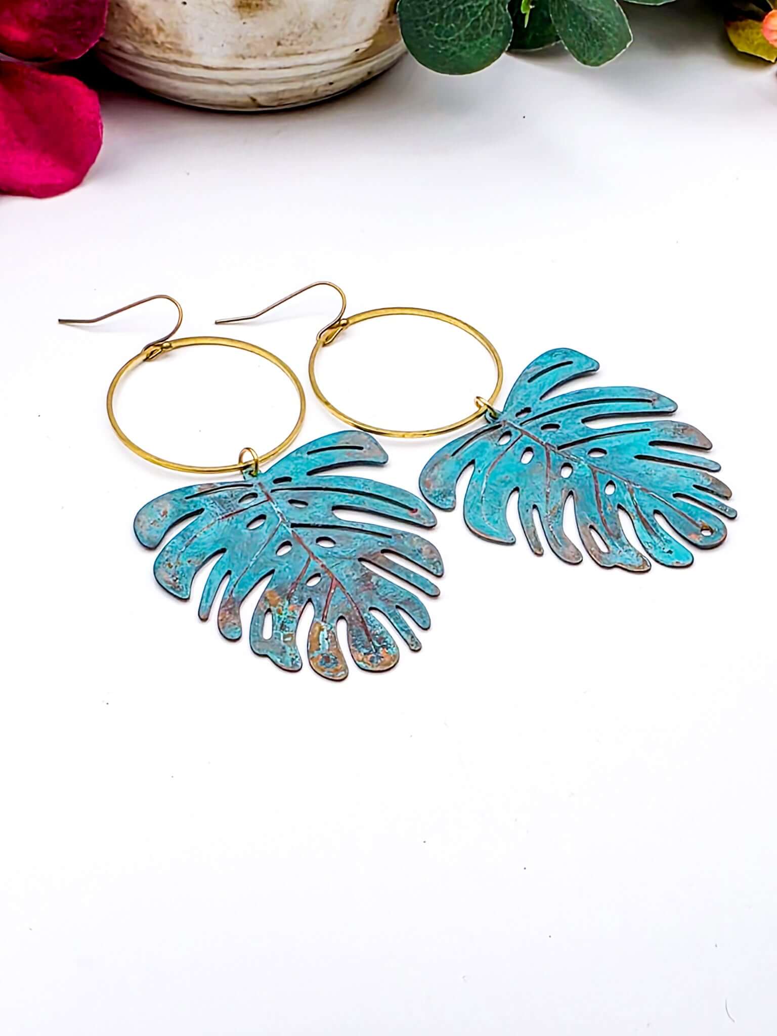 Large Verdigris Patina Monstera Leaf Statement Earrings- Nicki Lynn Jewelry 