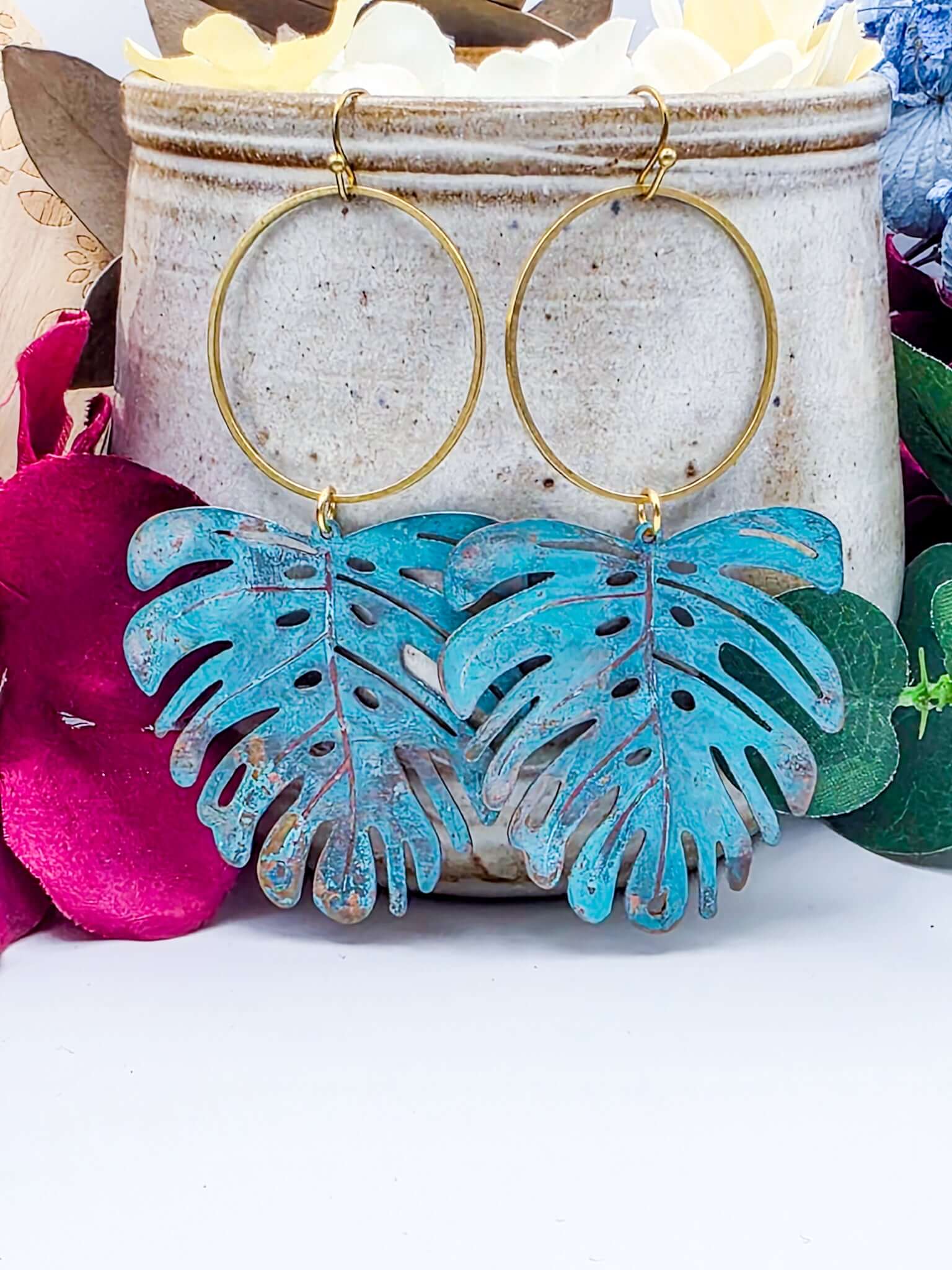 Large Verdigris Patina Monstera Leaf Statement Earrings- Nicki Lynn Jewelry 
