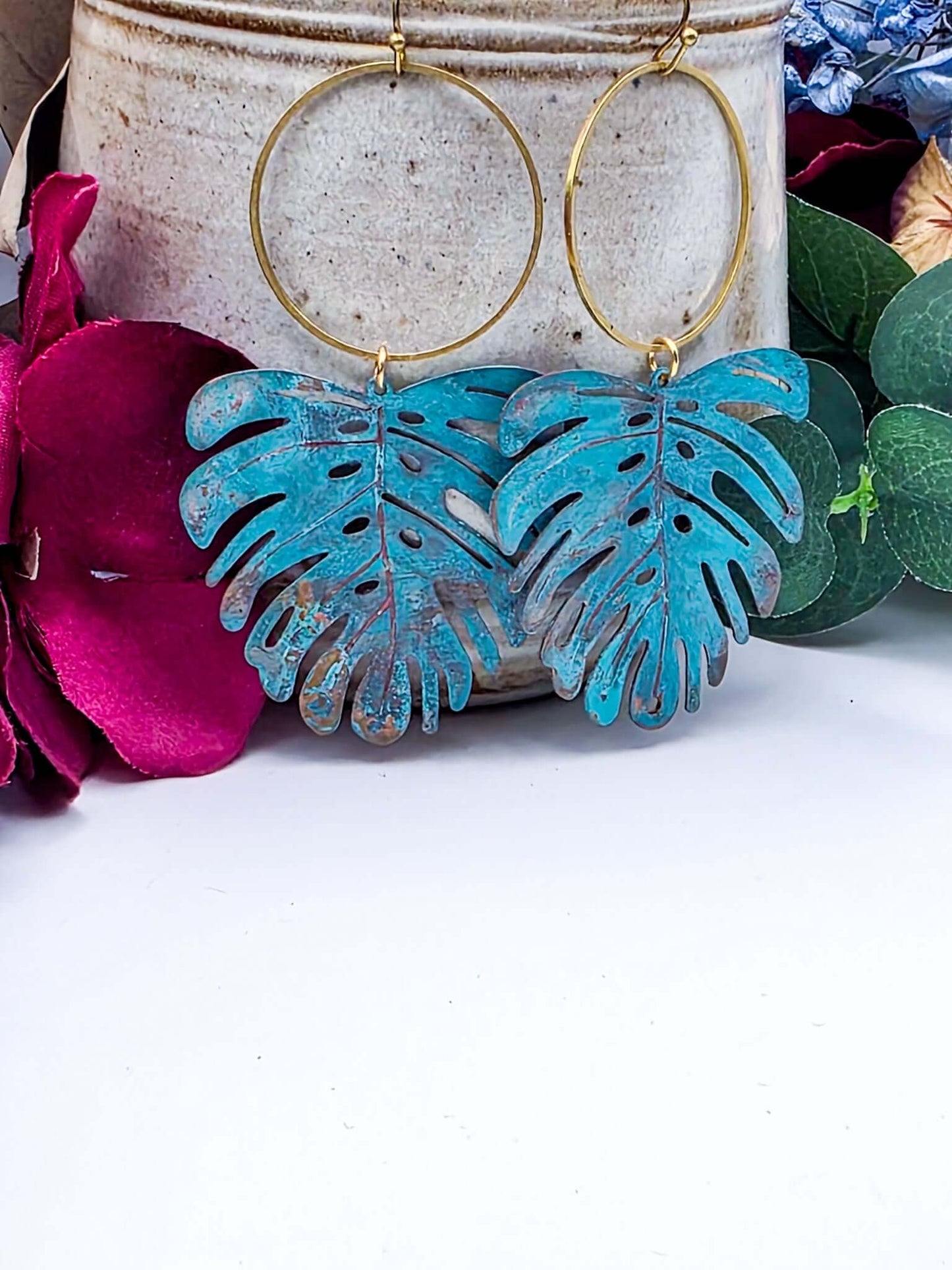 Large Verdigris Patina Monstera Leaf Statement Earrings- Nicki Lynn Jewelry 