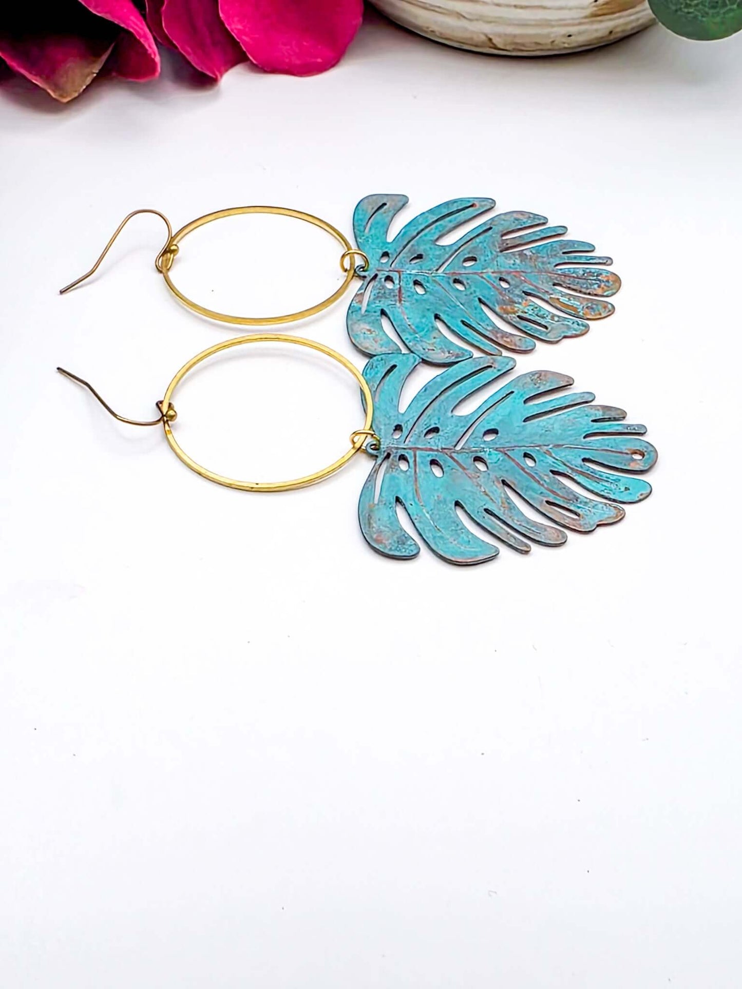 Large Verdigris Patina Monstera Leaf Statement Earrings- Nicki Lynn Jewelry 