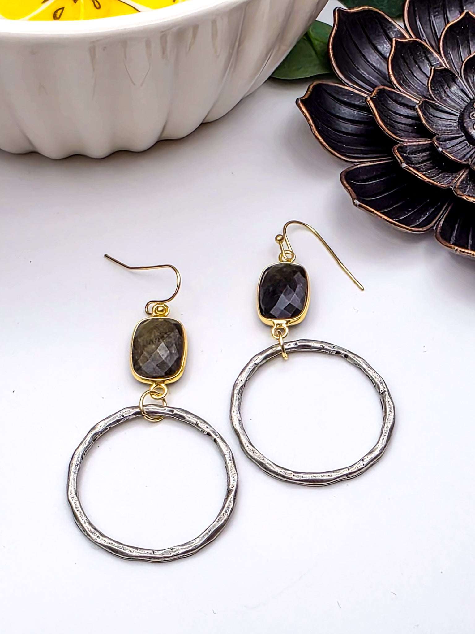 Labradorite and Silver Pewter Hoop Earrings-Nicki Lynn Jewelry 