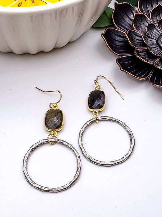 Labradorite and Silver Pewter Hoop Earrings-Nicki Lynn Jewelry 