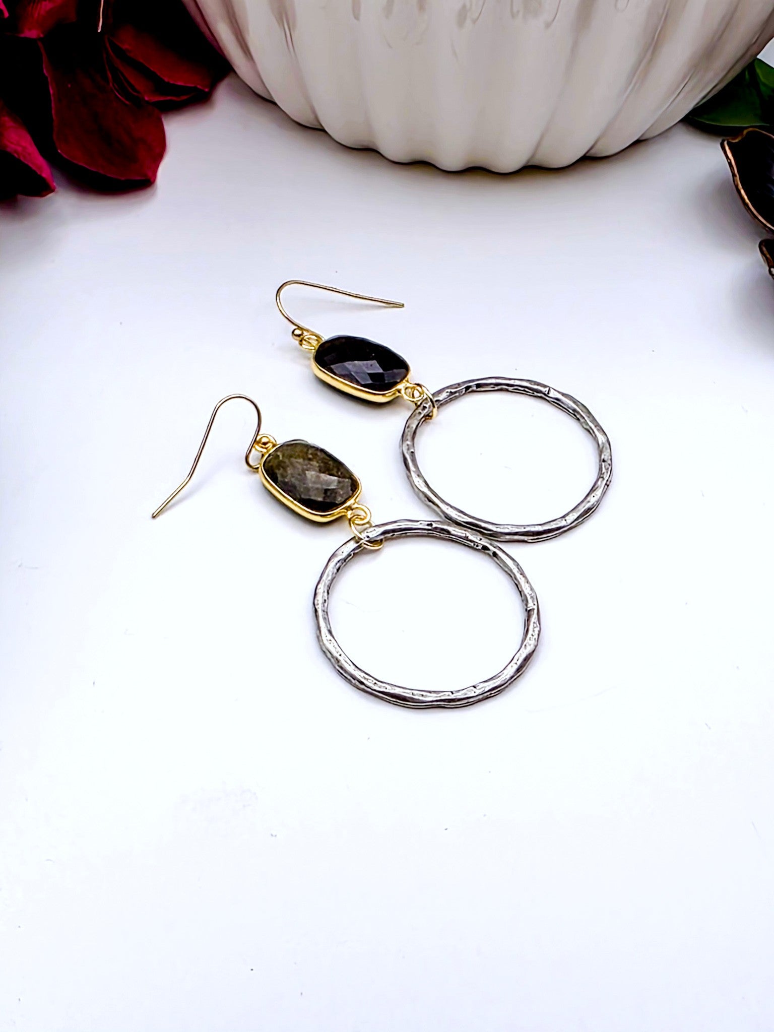 Labradorite and Silver Pewter Hoop Earrings-Nicki Lynn Jewelry 