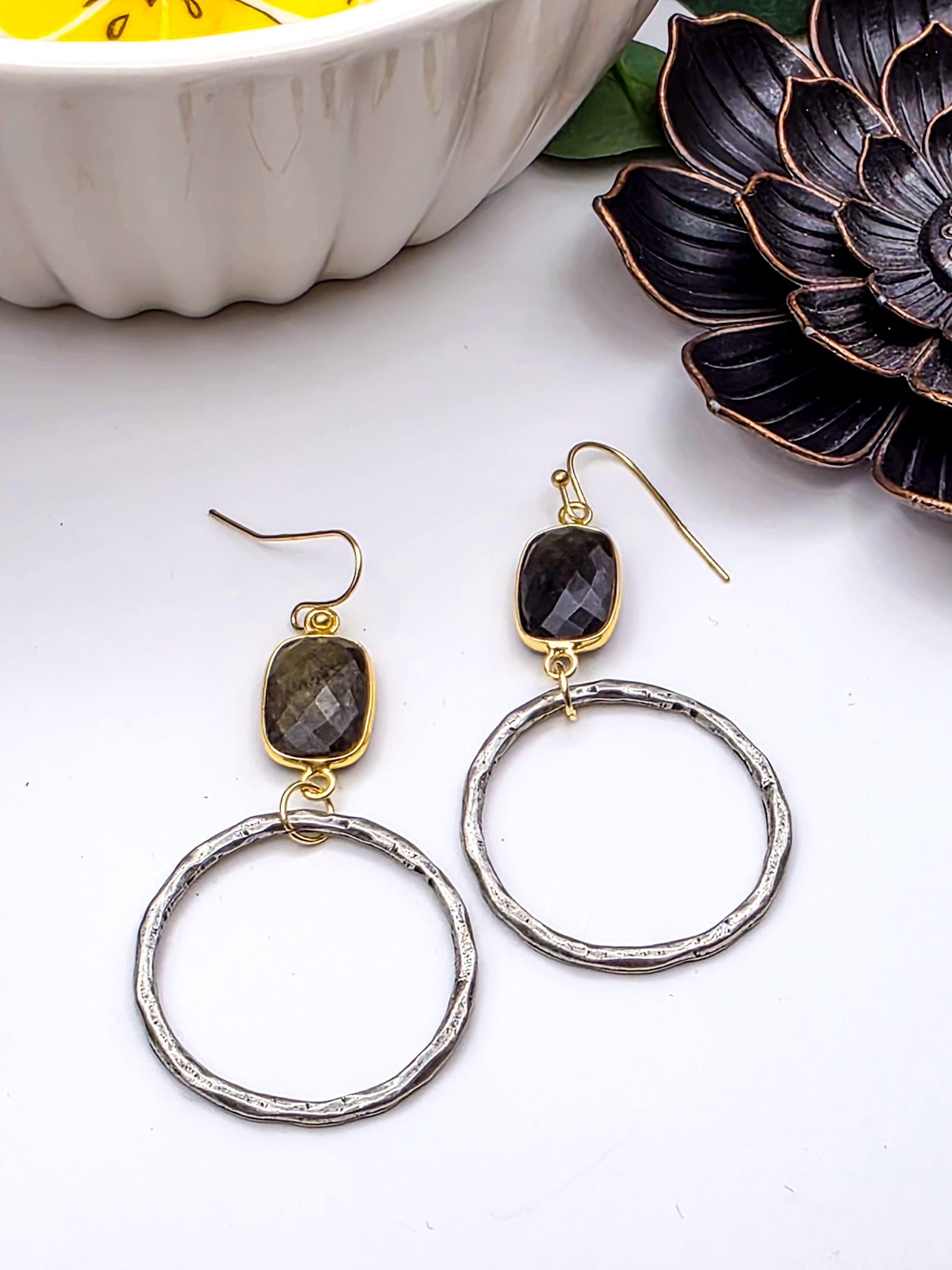 Labradorite and Silver Pewter Hoop Earrings-Nicki Lynn Jewelry 