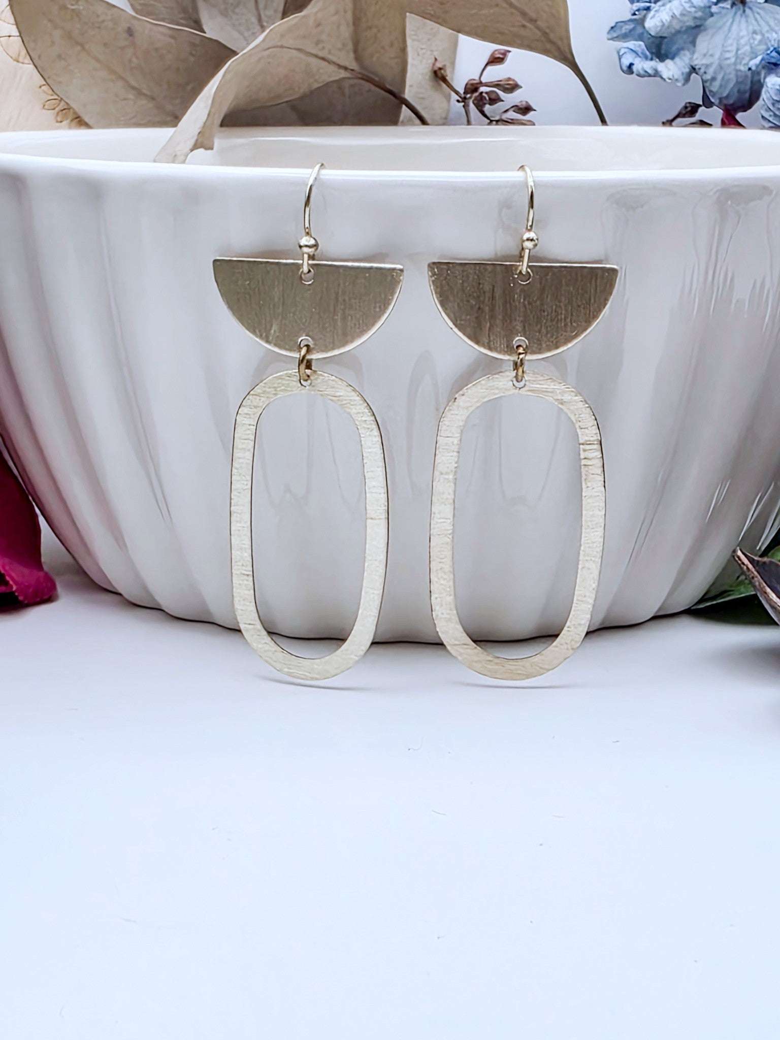 Gold Brass Oval Half Circle Dangle Earrings- Nicki Lynn Jewelry 
