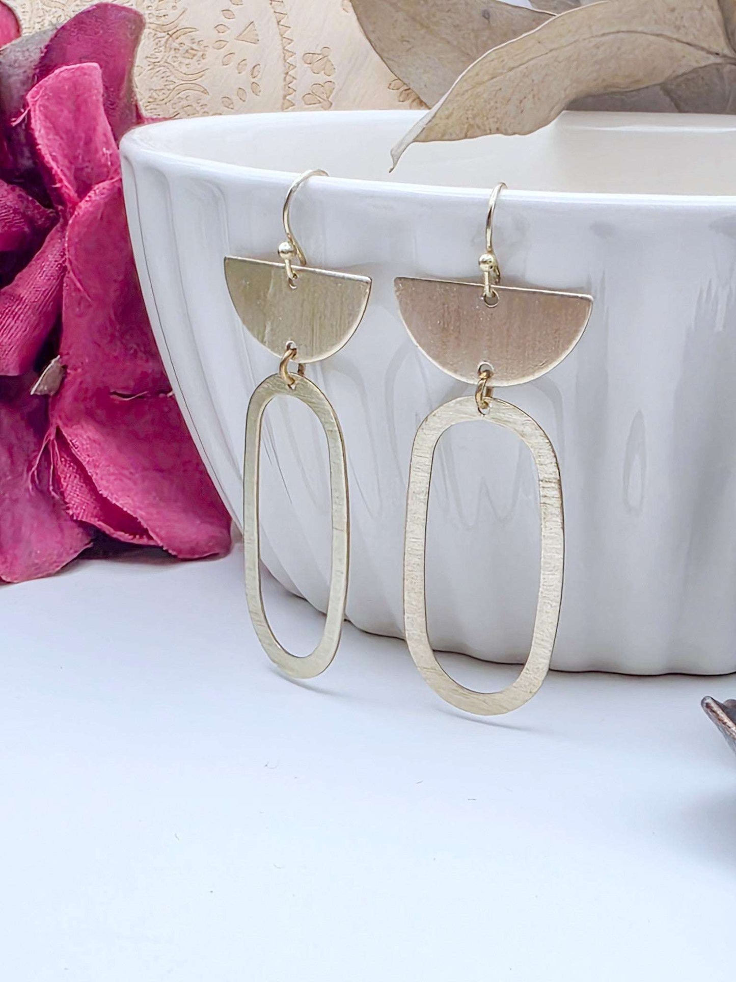 Gold Brass Oval Half Circle Dangle Earrings- Nicki Lynn Jewelry 