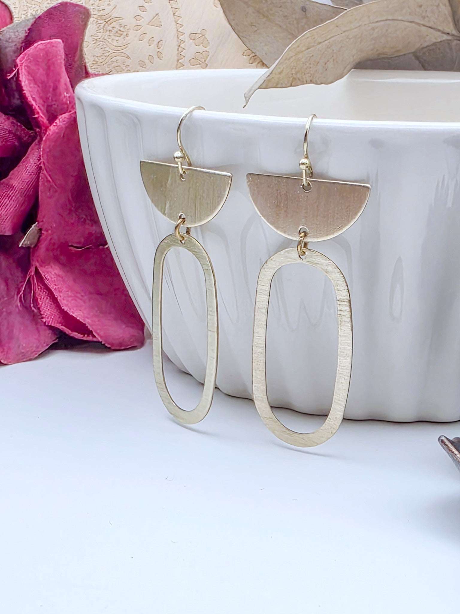 Gold Brass Oval Half Circle Dangle Earrings- Nicki Lynn Jewelry 