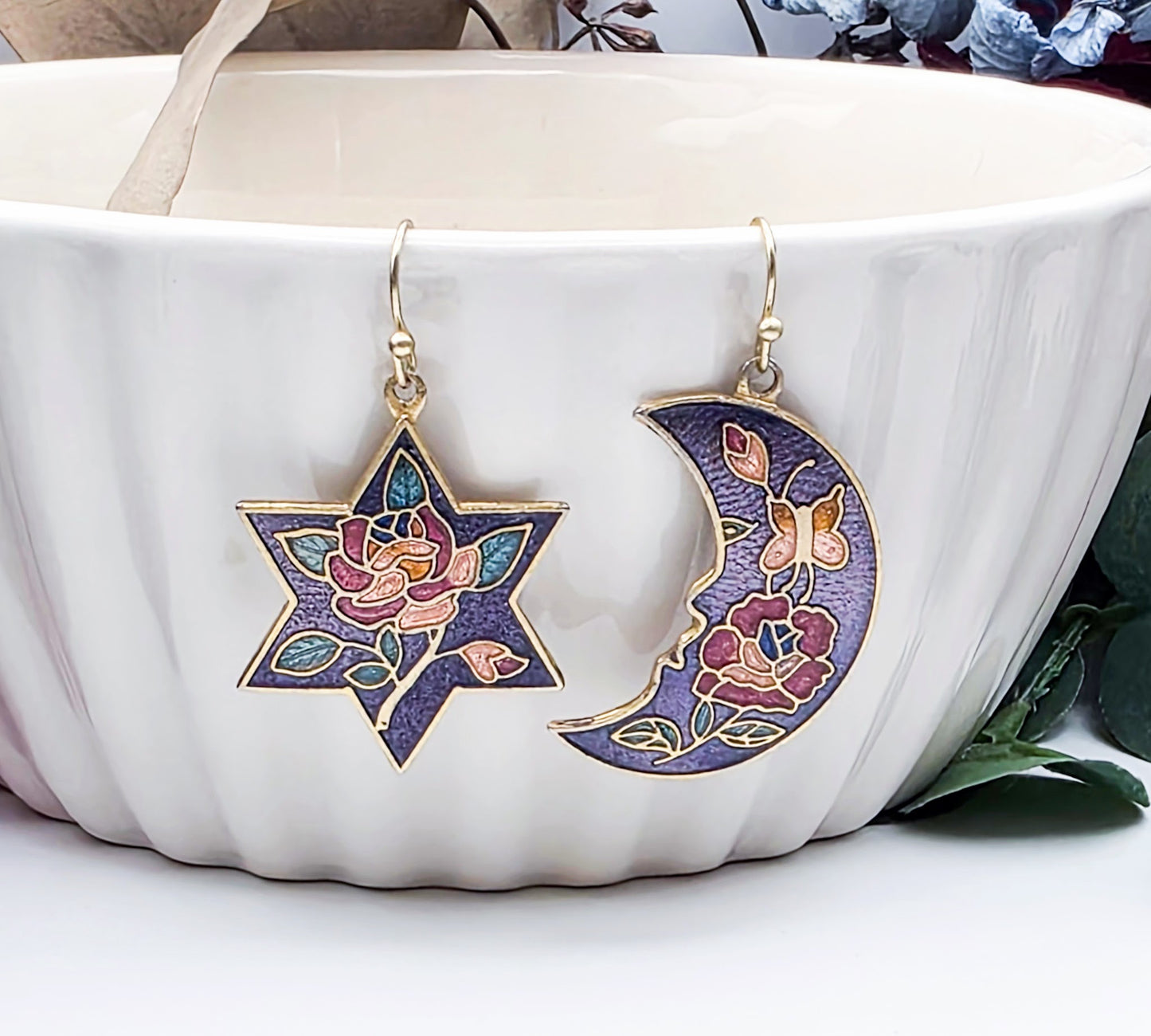 Vintage Cloisonné Star and moon-shaped earrings with floral designs-Nicki Lynn Jewelry   