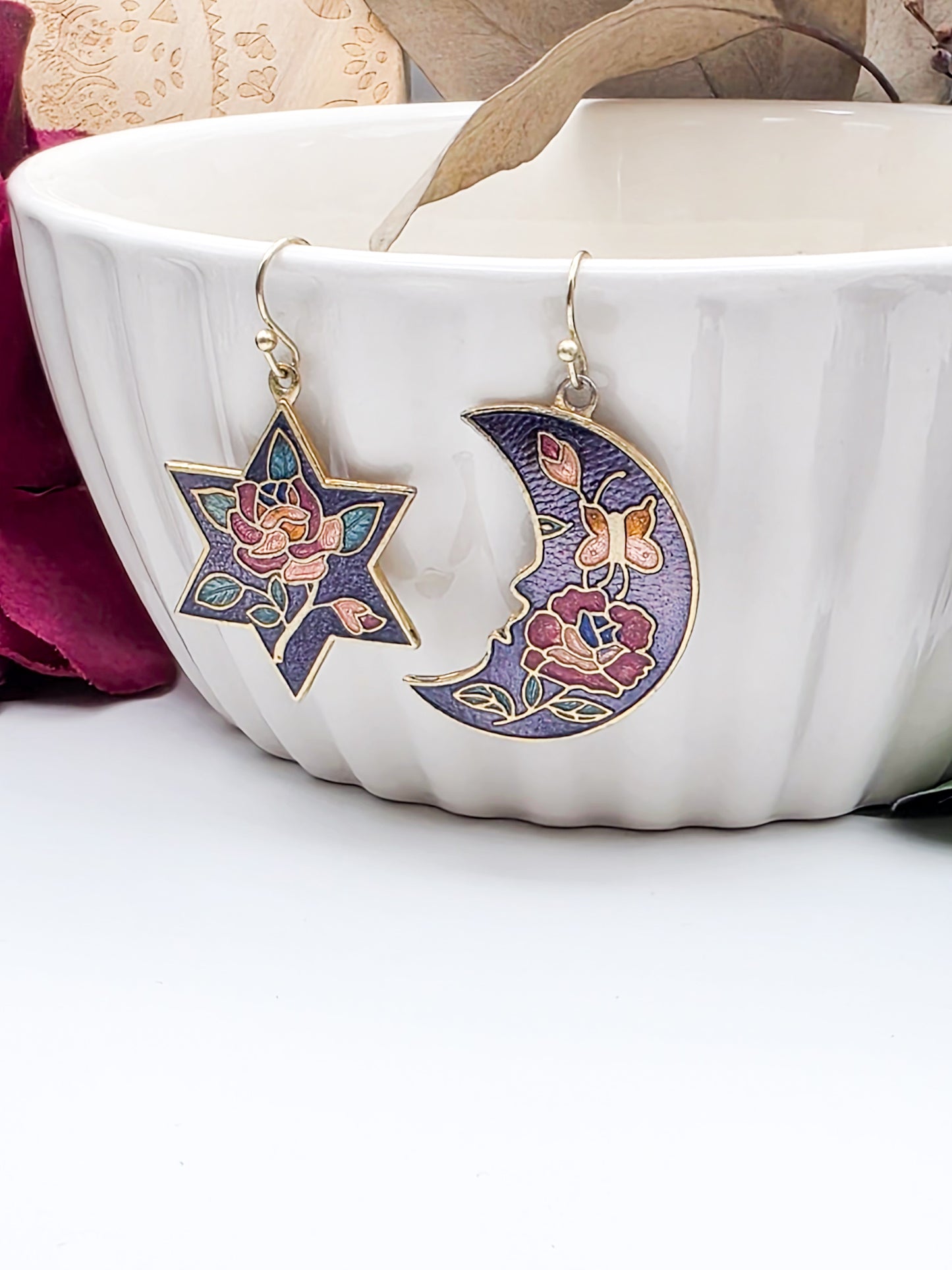 Vintage Cloisonné Star and moon-shaped earrings with floral designs-Nicki Lynn Jewelry   