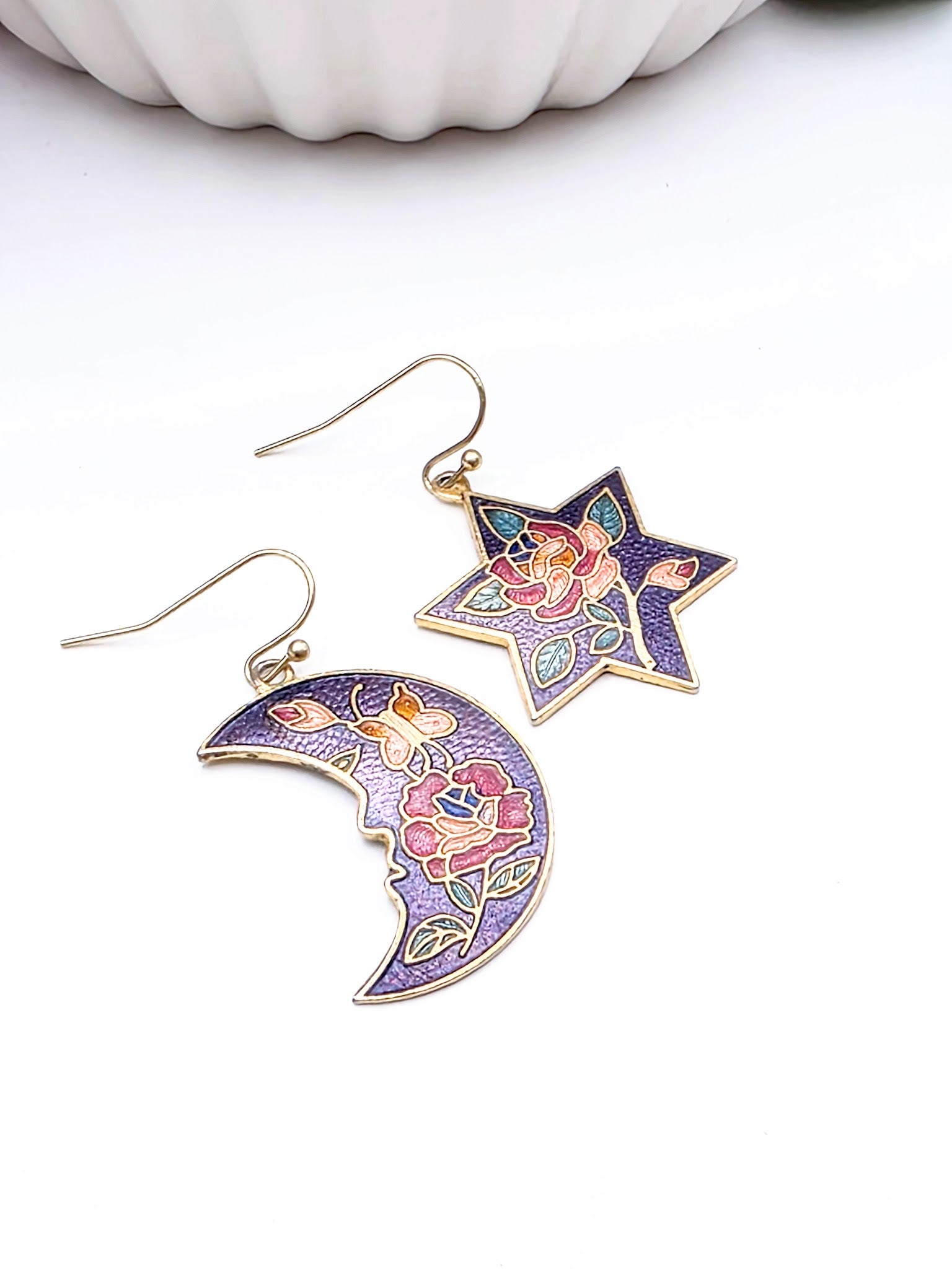 Vintage Cloisonné Star and moon-shaped earrings with floral designs-Nicki Lynn Jewelry   