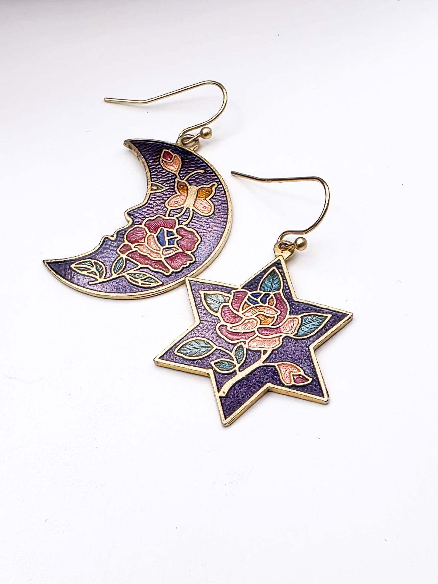 Vintage Cloisonné Star and moon-shaped earrings with floral designs-Nicki Lynn Jewelry   