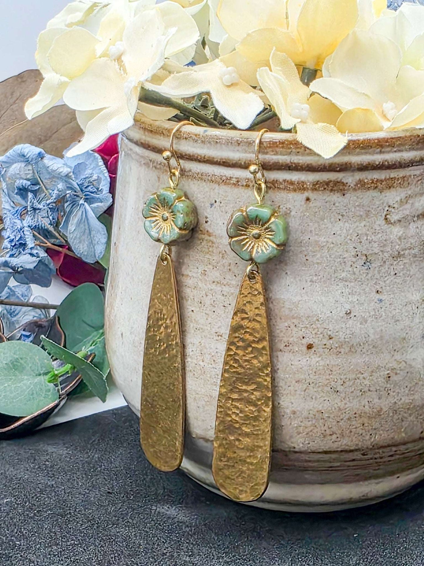 Hammered Brass Earrings with Czech Glass Flower Beads, Nicki Lynn Jewelry 