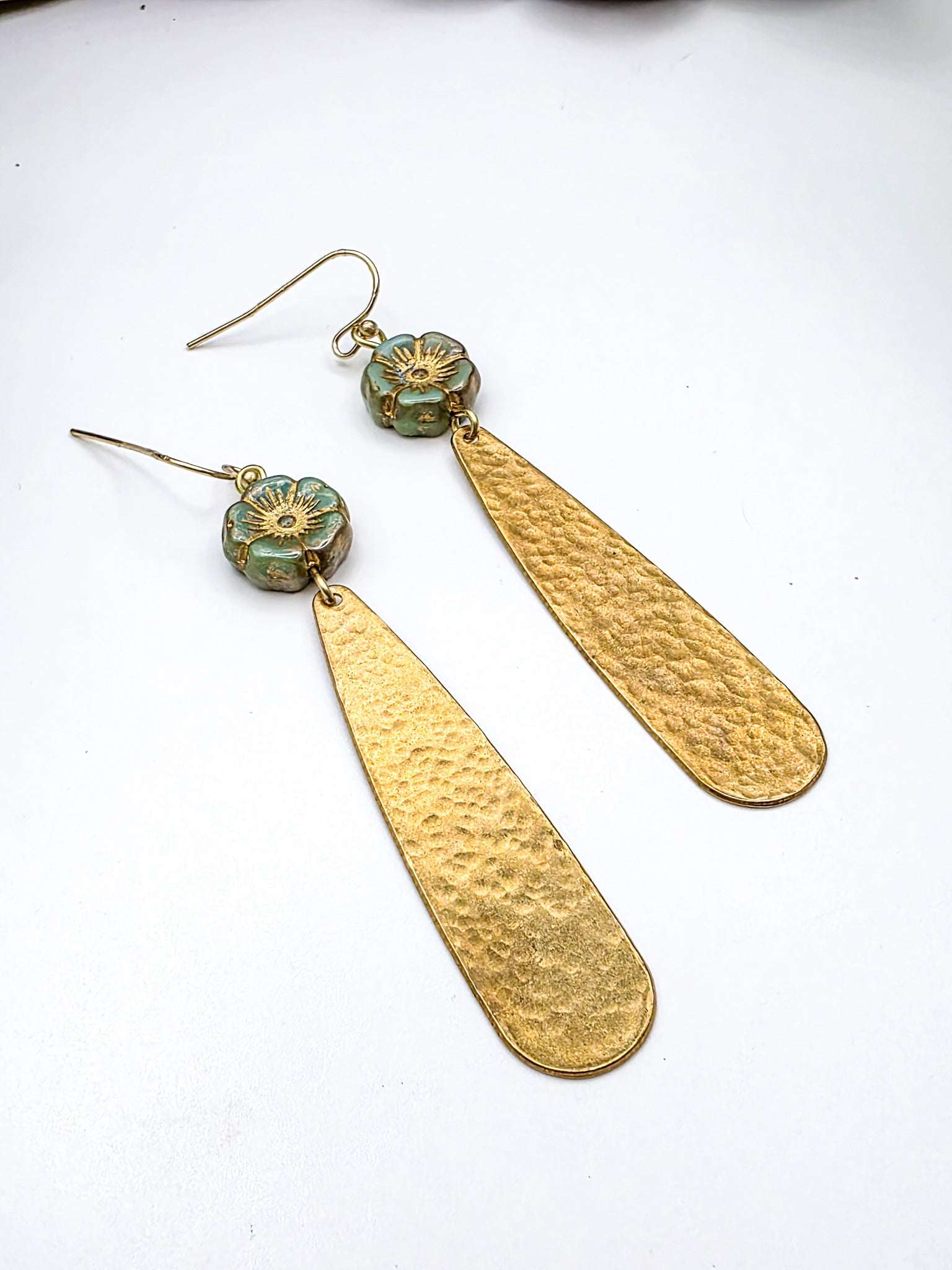 Hammered Brass Earrings with Czech Glass Flower Beads, Nicki Lynn Jewelry 