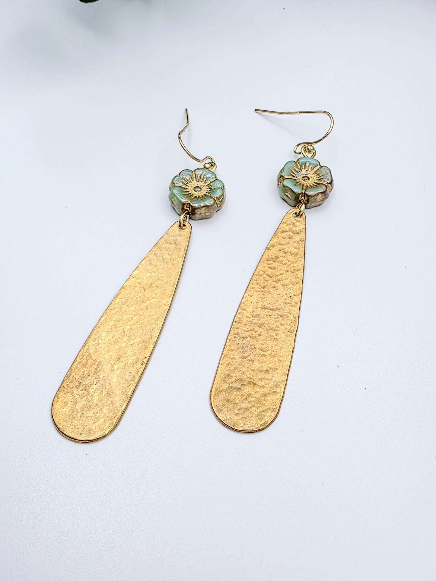 Hammered Brass Earrings with Czech Glass Flower Beads, Nicki Lynn Jewelry 