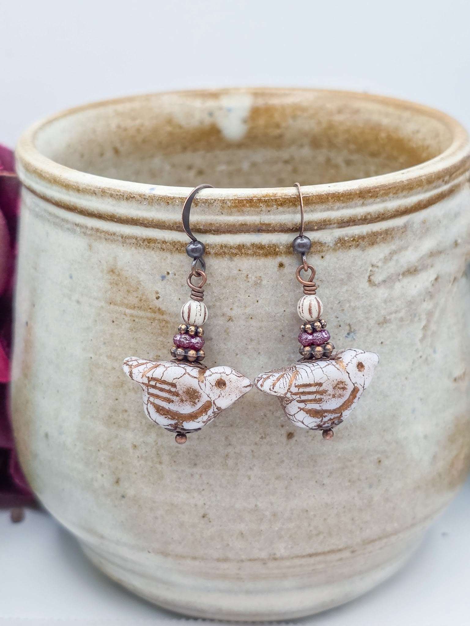 Czech Glass Bird and Copper Drop Earrings, Nicki Lynn Jewelry 