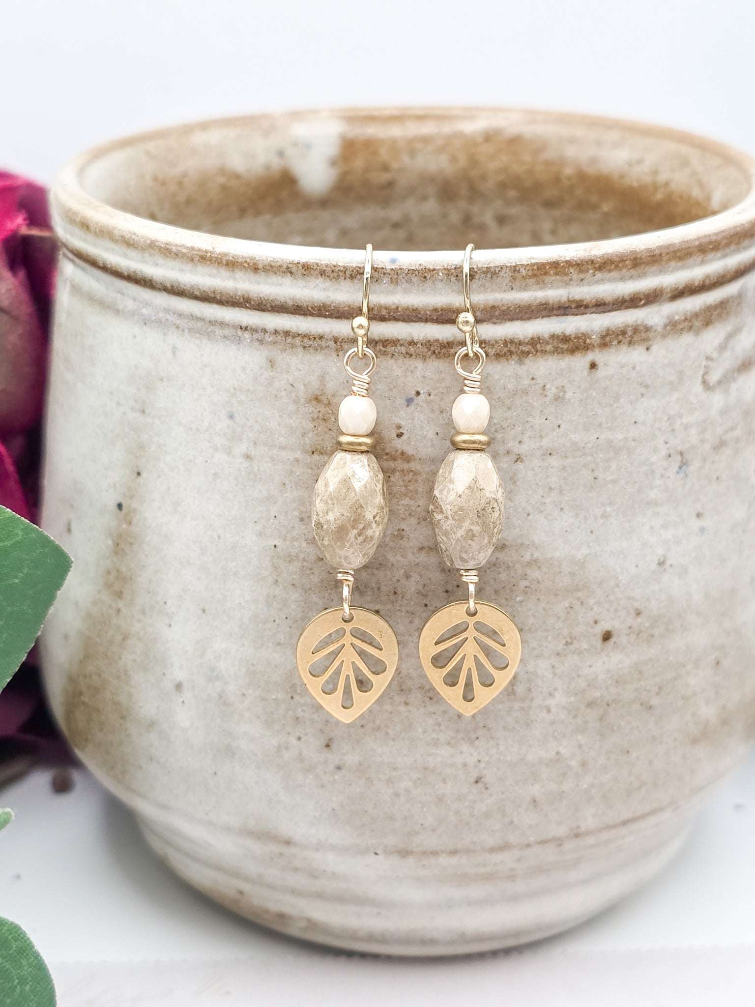 Raw Brass Leaf Earrings with Czech Glass Beads – Boho Nature-Inspired Jewelry, Nicki Lynn Jewelry 