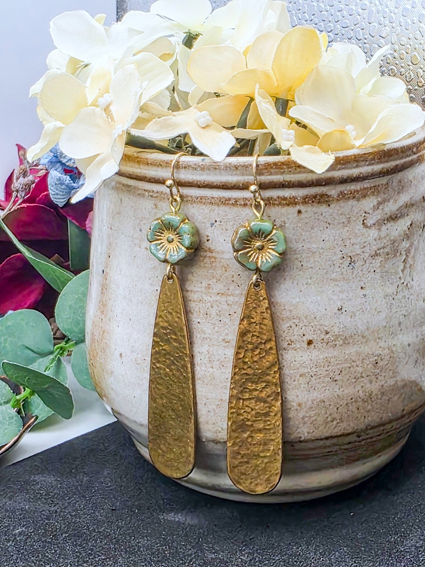 Hammered Brass Earrings with Czech Glass Flower Beads, Nicki Lynn Jewelry 