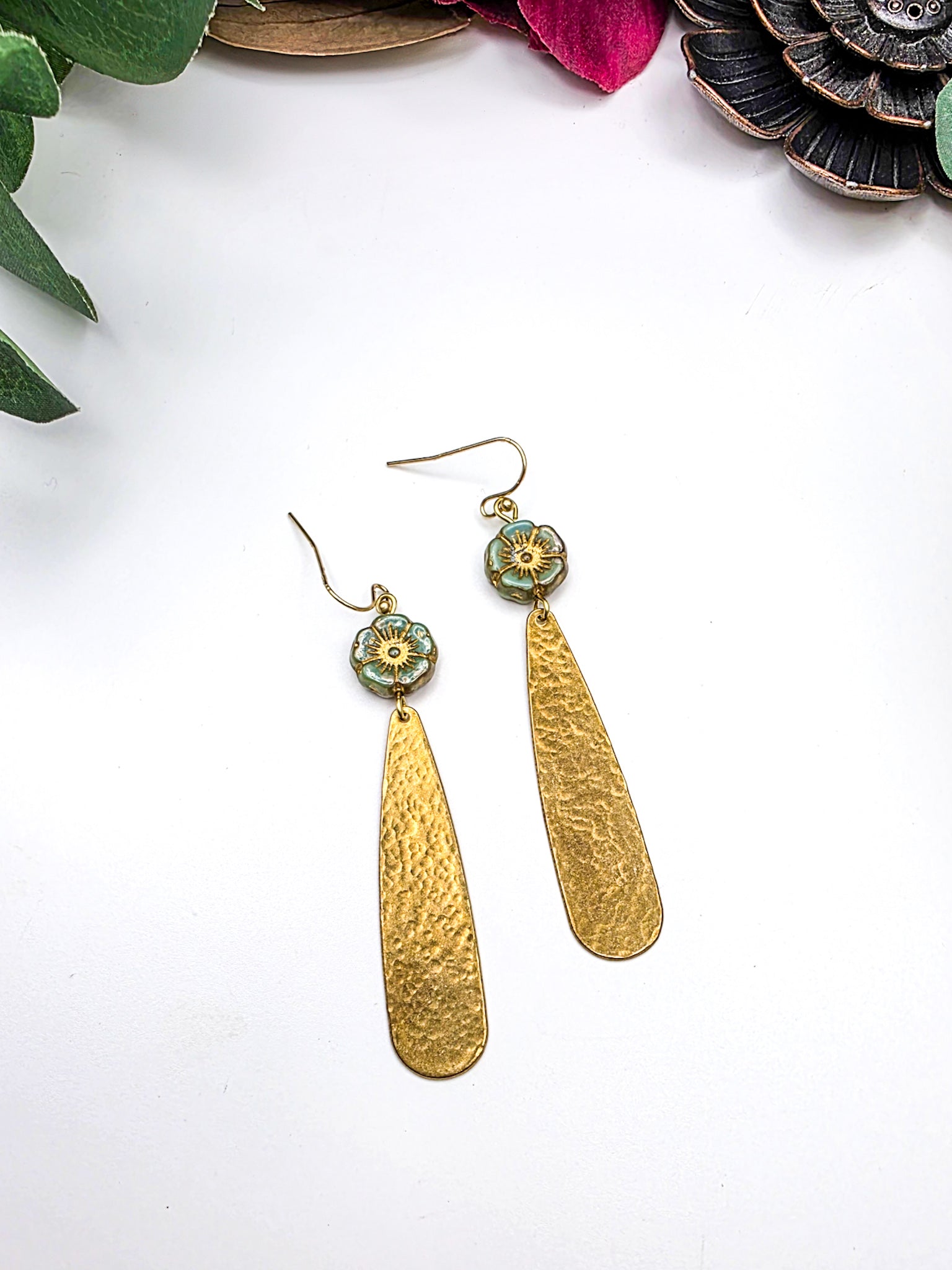 Hammered Brass Earrings with Czech Glass Flower Beads, Nicki Lynn Jewelry 