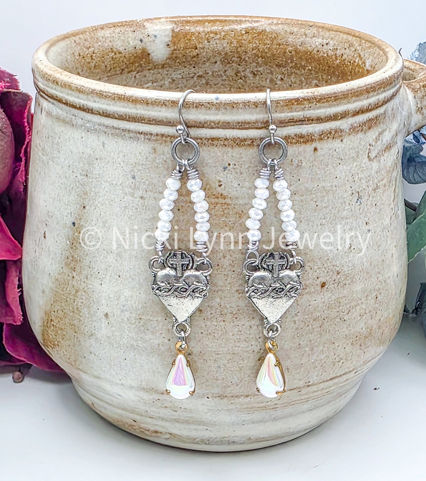 Sacred Heart Beaded Earrings with Crystal Teardrop – Vintage-Inspired Religious Jewelry, Nicki Lynn Jewelry 