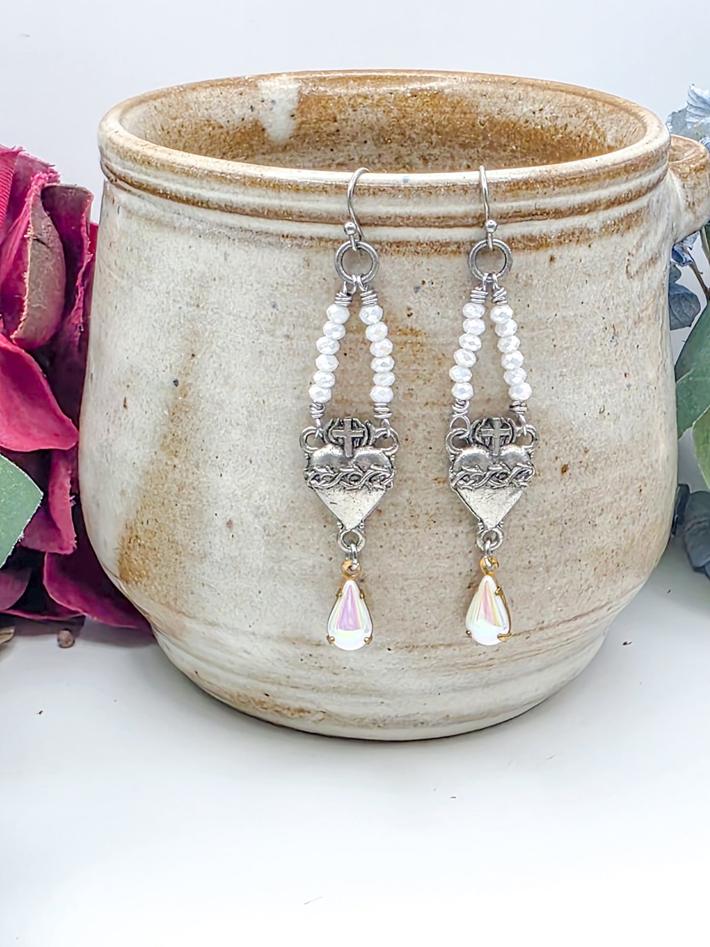 Sacred Heart Beaded Earrings with Crystal Teardrop – Vintage-Inspired Religious Jewelry, Nicki Lynn Jewelry 