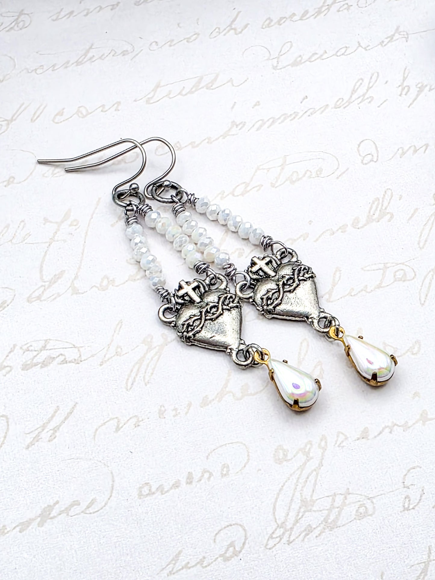 Sacred Heart Beaded Earrings with Crystal Teardrop – Vintage-Inspired Religious Jewelry, Nicki Lynn Jewelry 