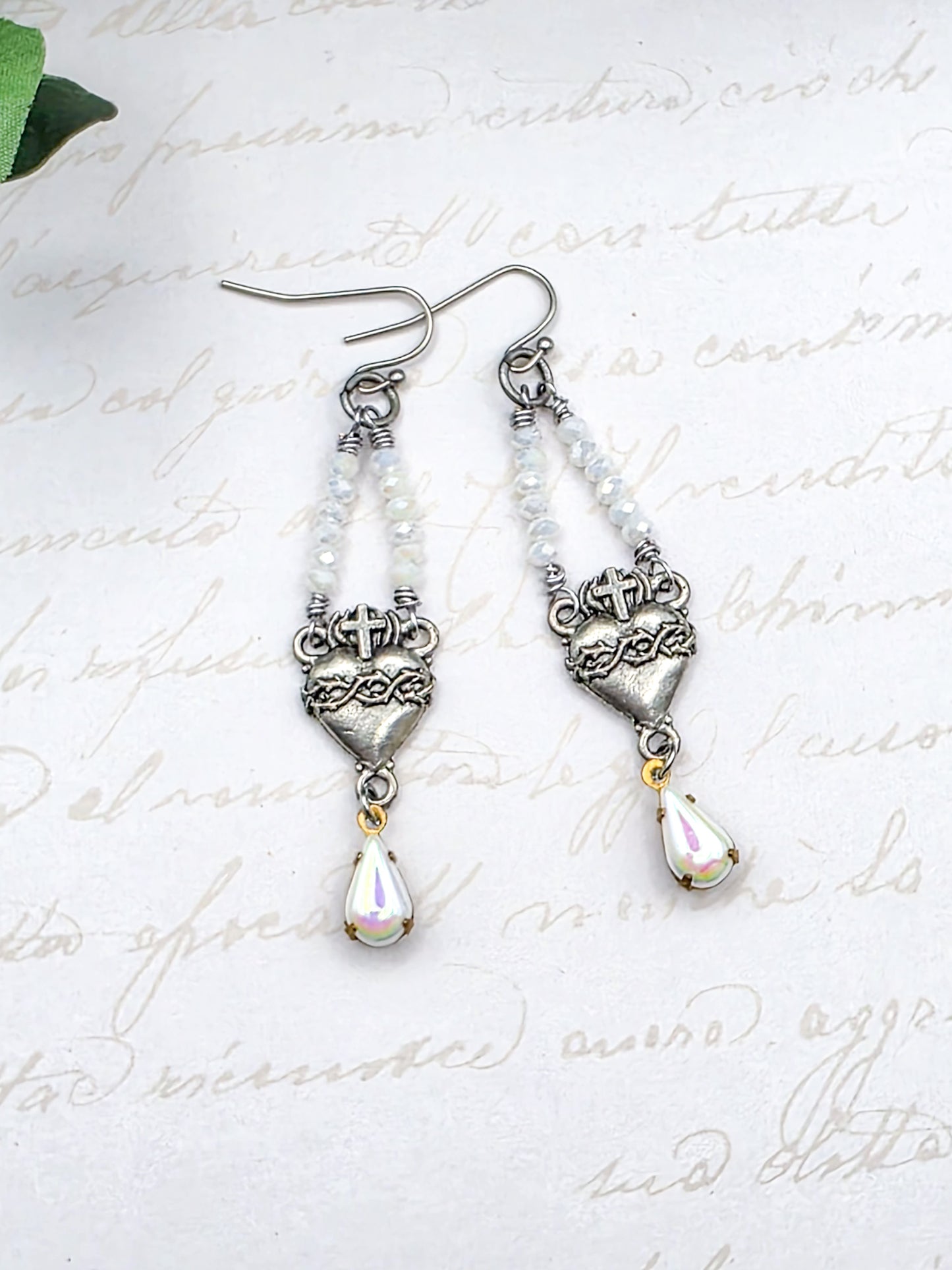 Sacred Heart Beaded Earrings with Crystal Teardrop – Vintage-Inspired Religious Jewelry, Nicki Lynn Jewelry 