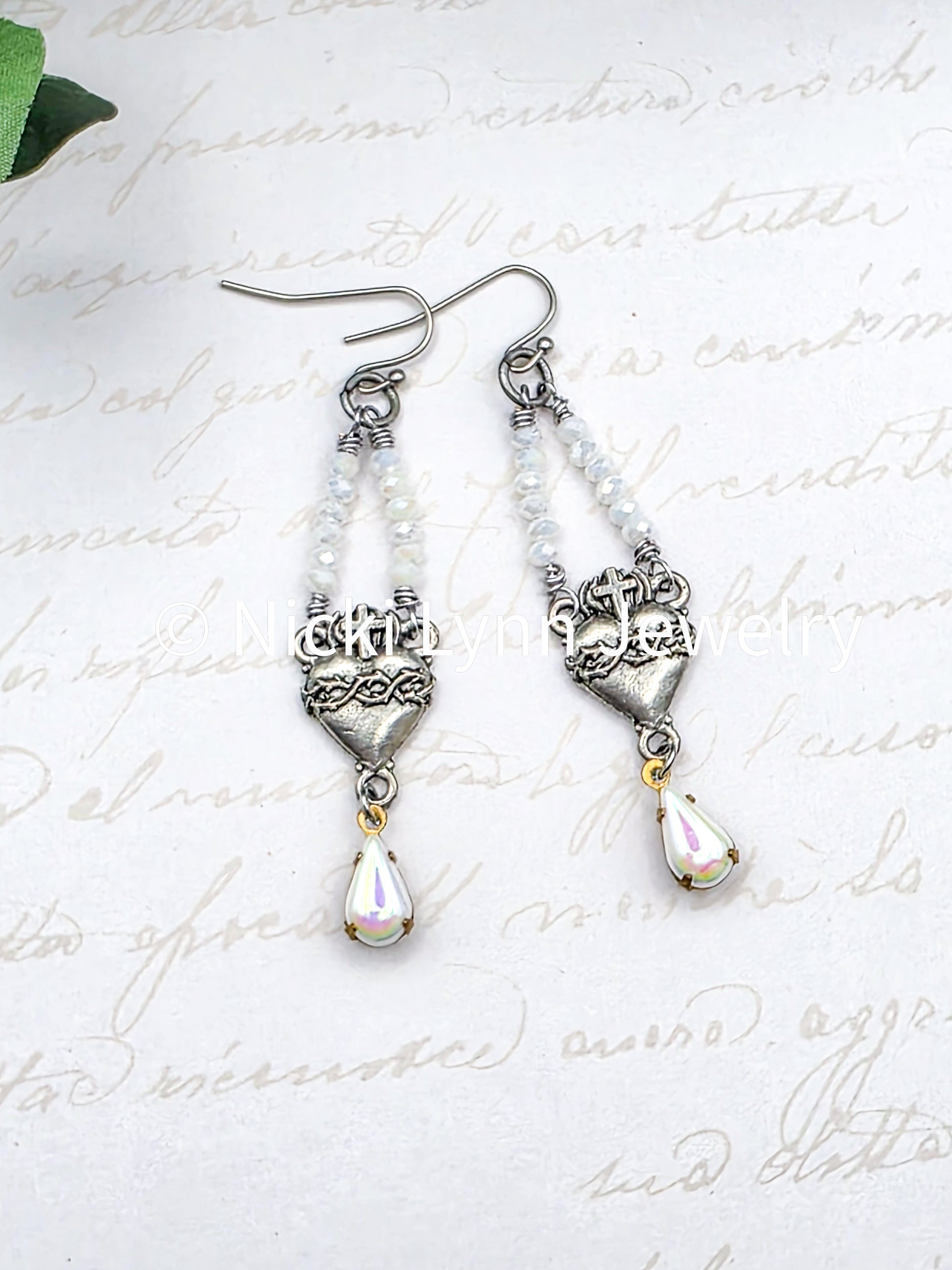 Sacred Heart Beaded Earrings with Crystal Teardrop – Vintage-Inspired Religious Jewelry, Nicki Lynn Jewelry 