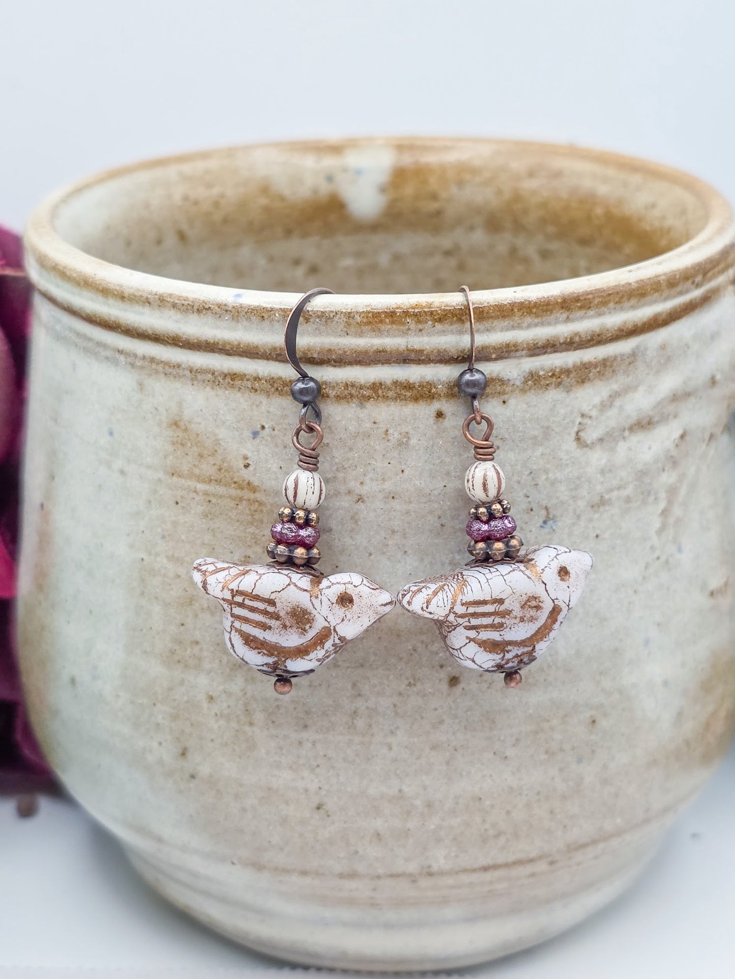 Czech Glass Bird and Copper Drop Earrings, Nicki Lynn Jewelry 