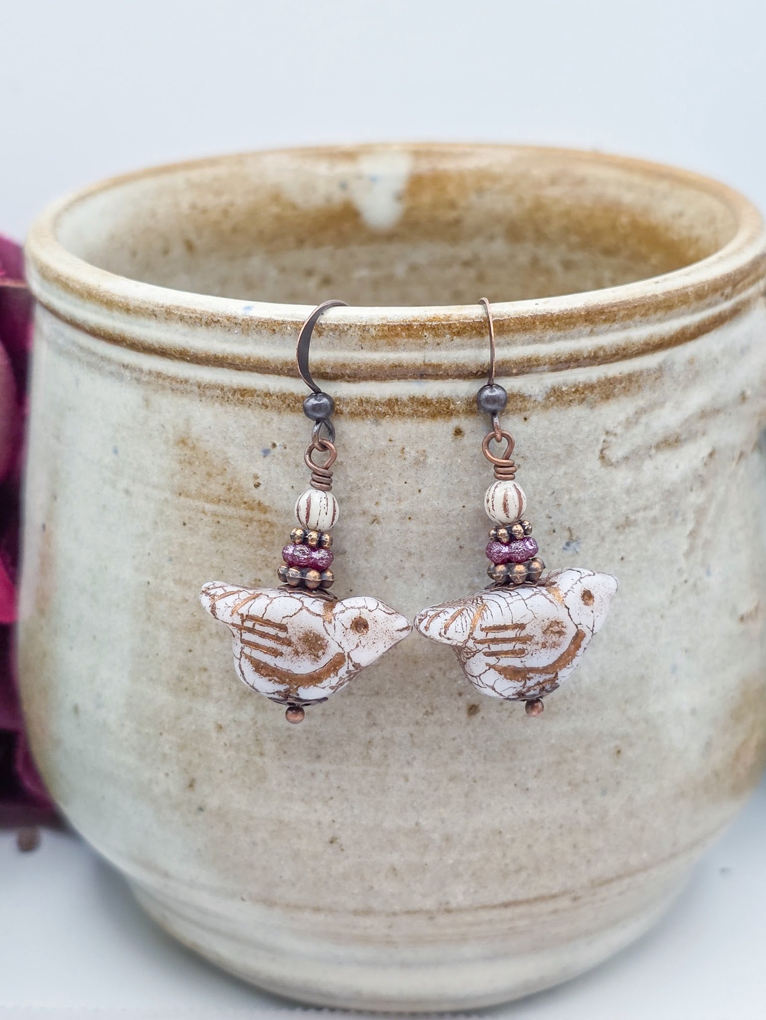 Czech Glass Bird and Copper Drop Earrings, Nicki Lynn Jewelry 