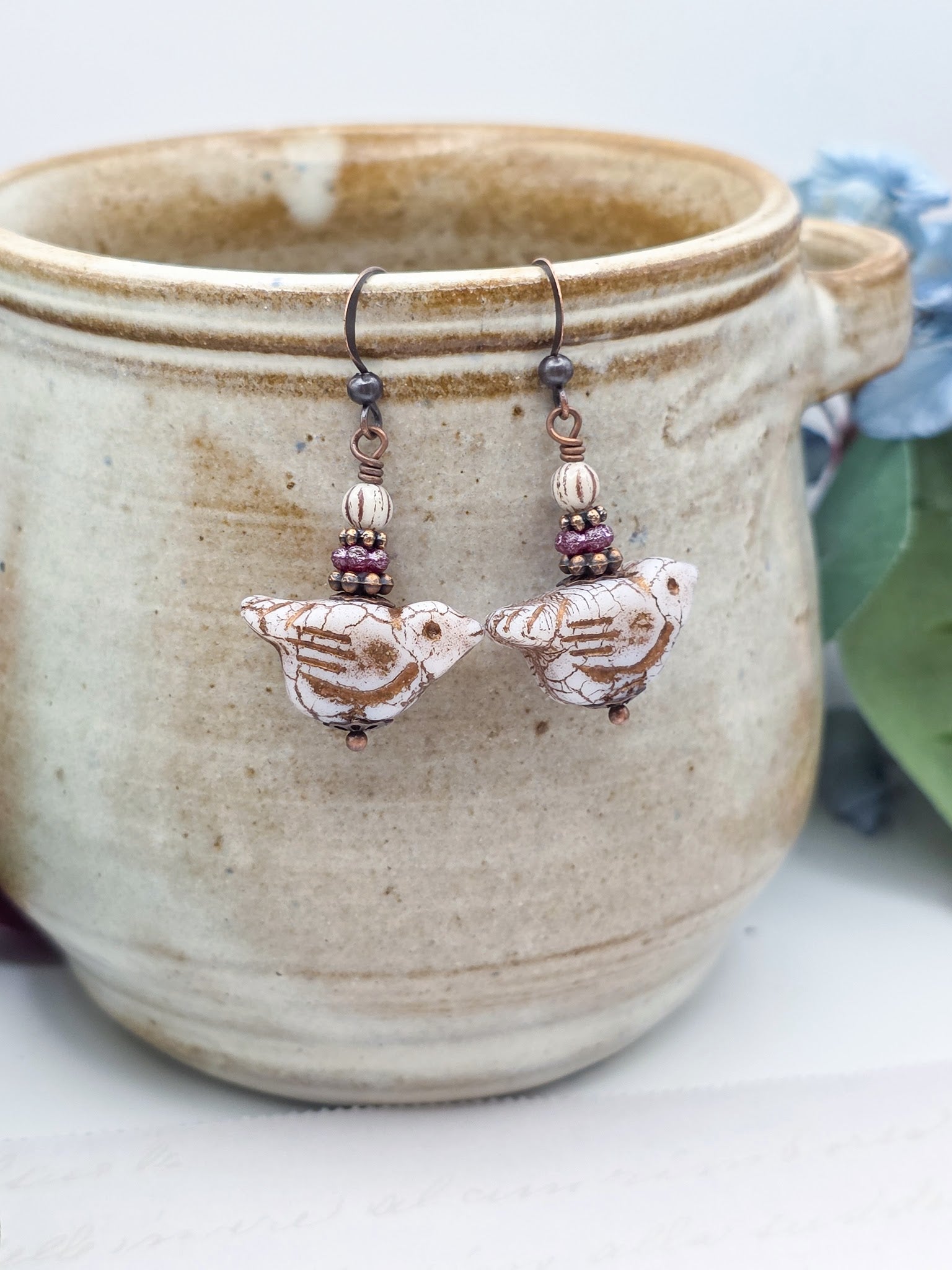 Czech Glass Bird and Copper Drop Earrings, Nicki Lynn Jewelry 
