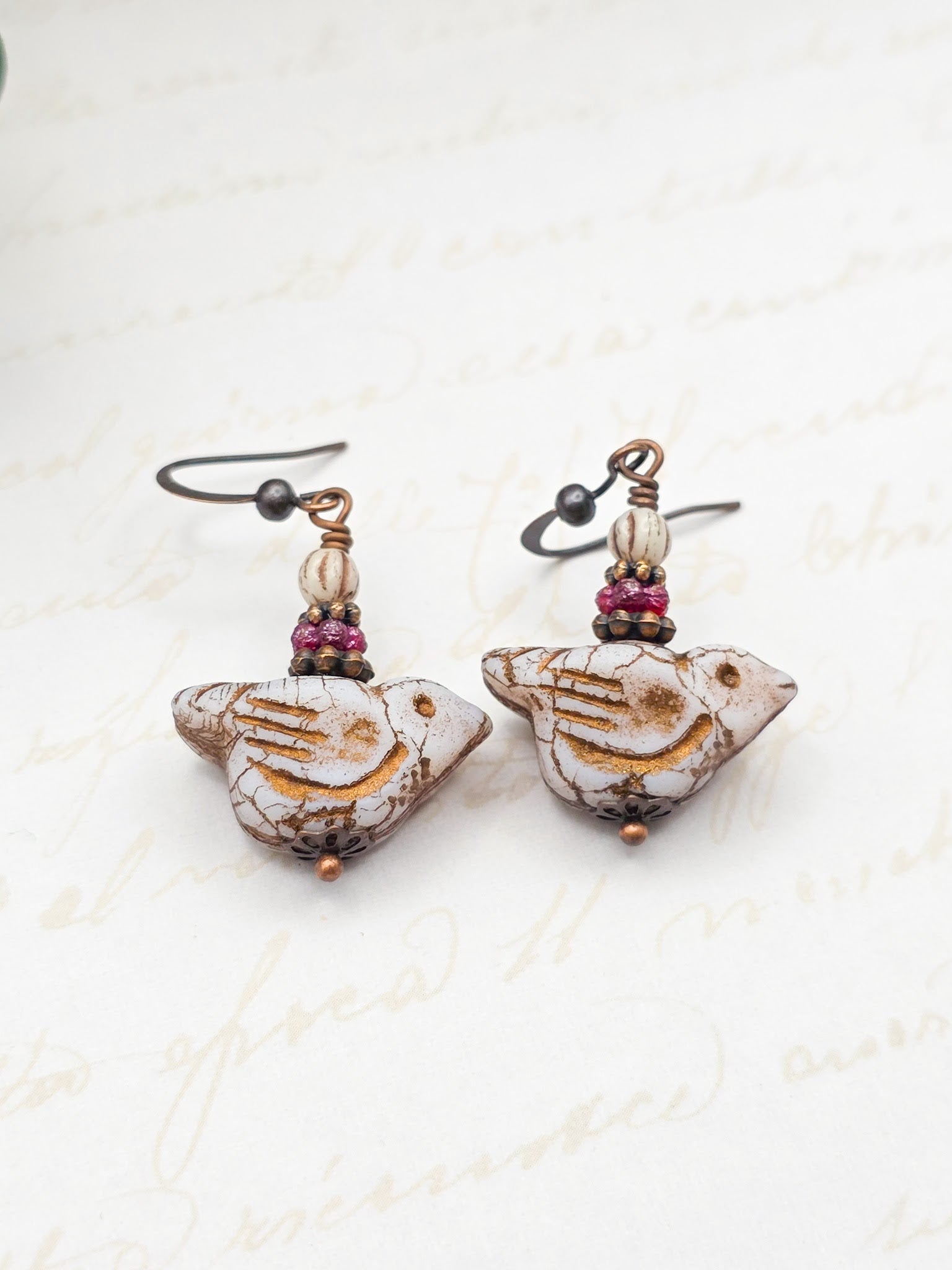 Czech Glass Bird and Copper Drop Earrings, Nicki Lynn Jewelry 