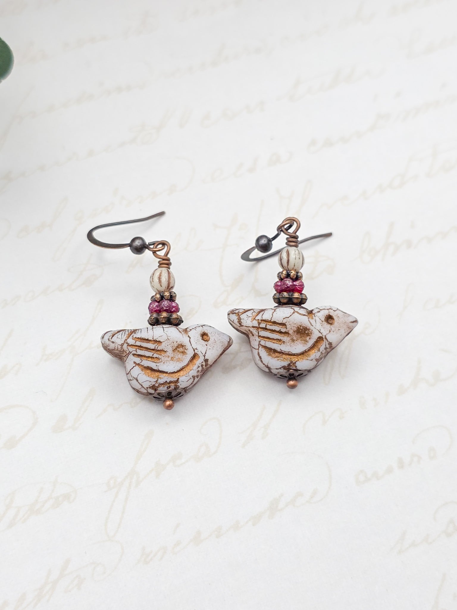 Czech Glass Bird and Copper Drop Earrings, Nicki Lynn Jewelry 