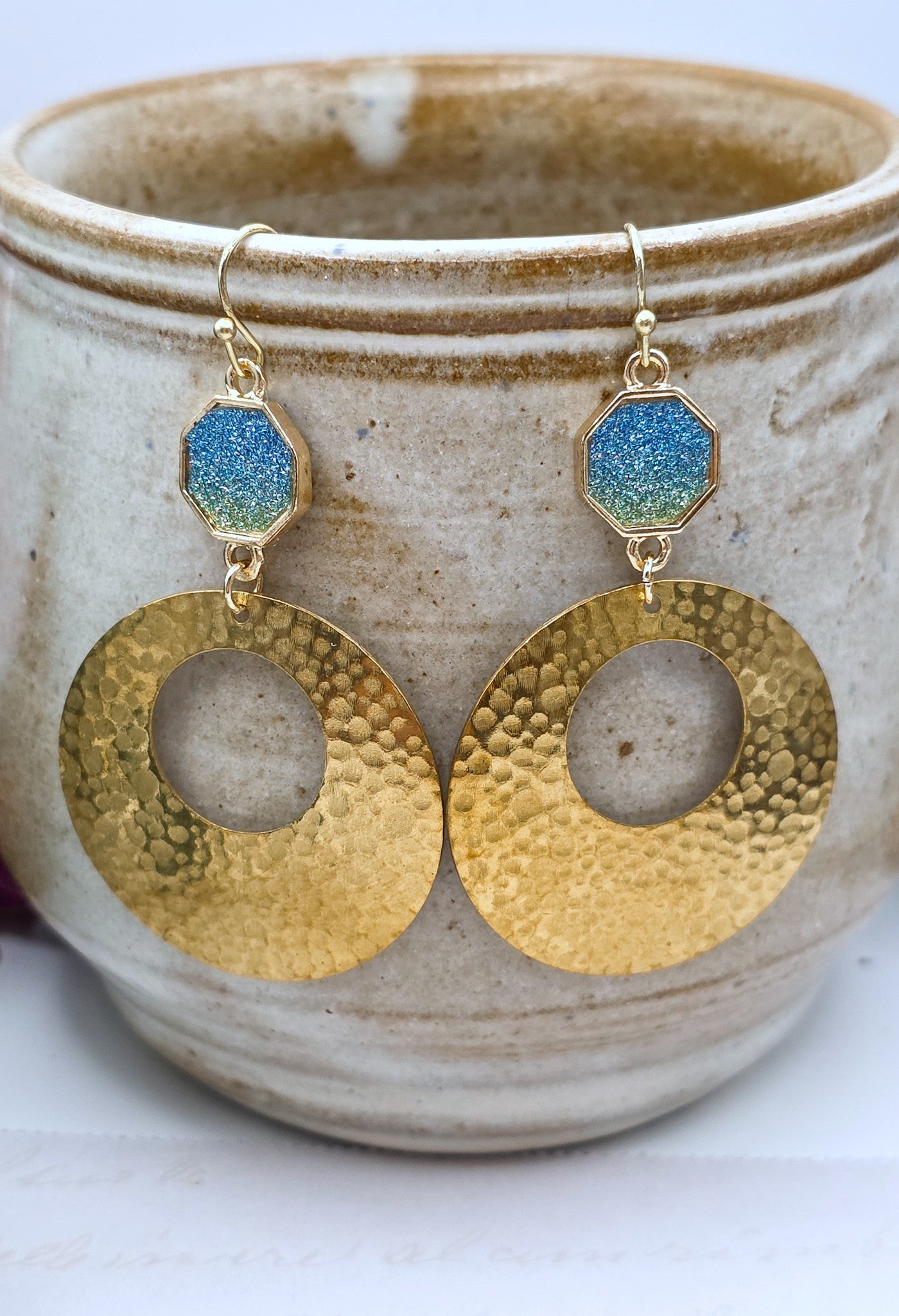 Sparkling Blue Glitter and Gold Hammered Circle Dangles – Boho Statement Earrings, Nicki Lynn Jewelry 